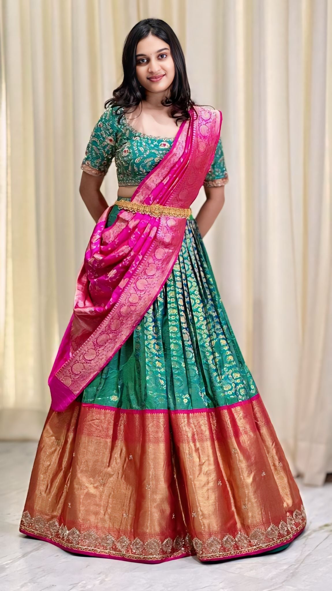 Sage Green and Pink Pattu lehenga Set