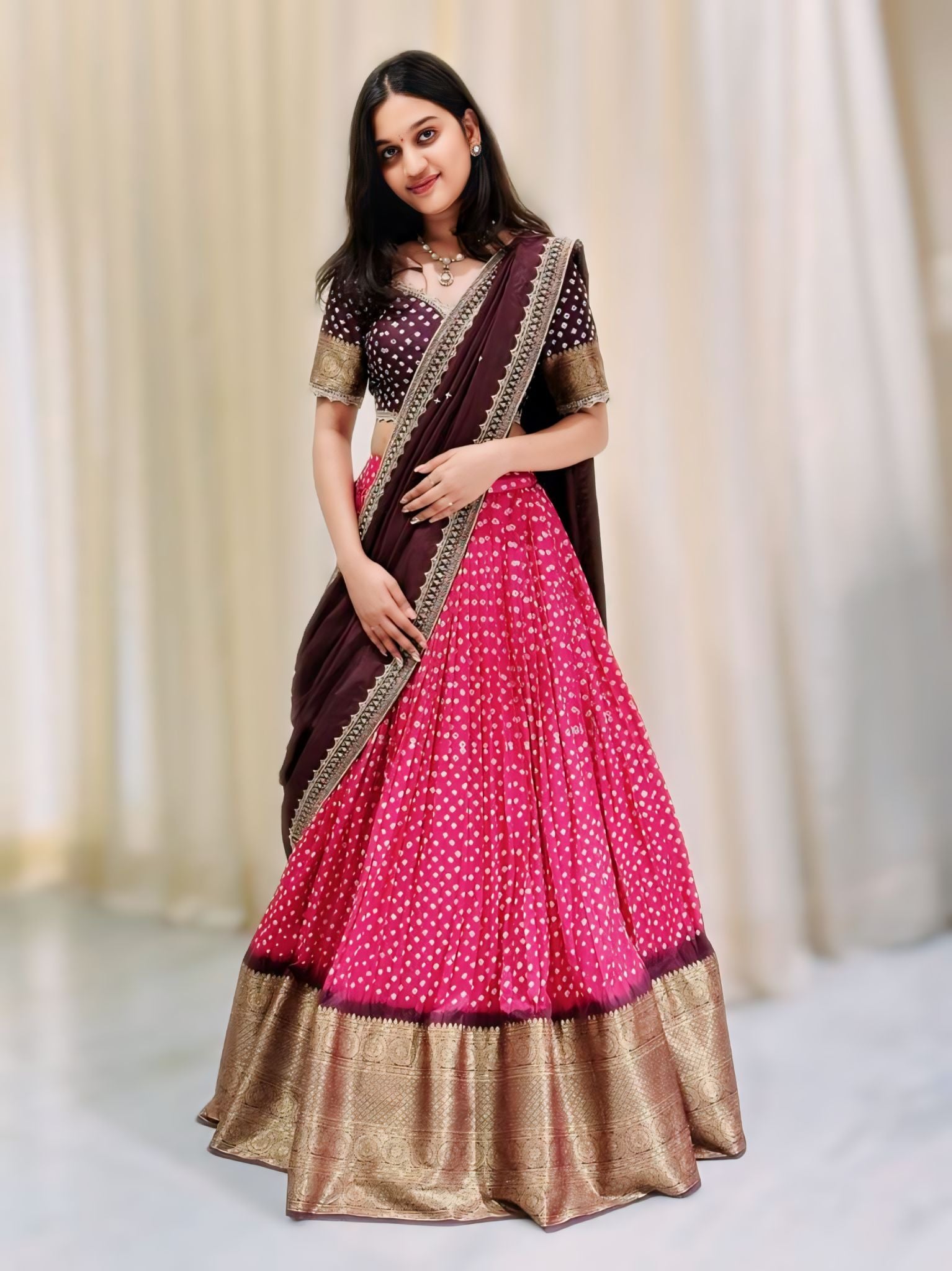 Sepia Wine and Brown Bandhini lehenga set