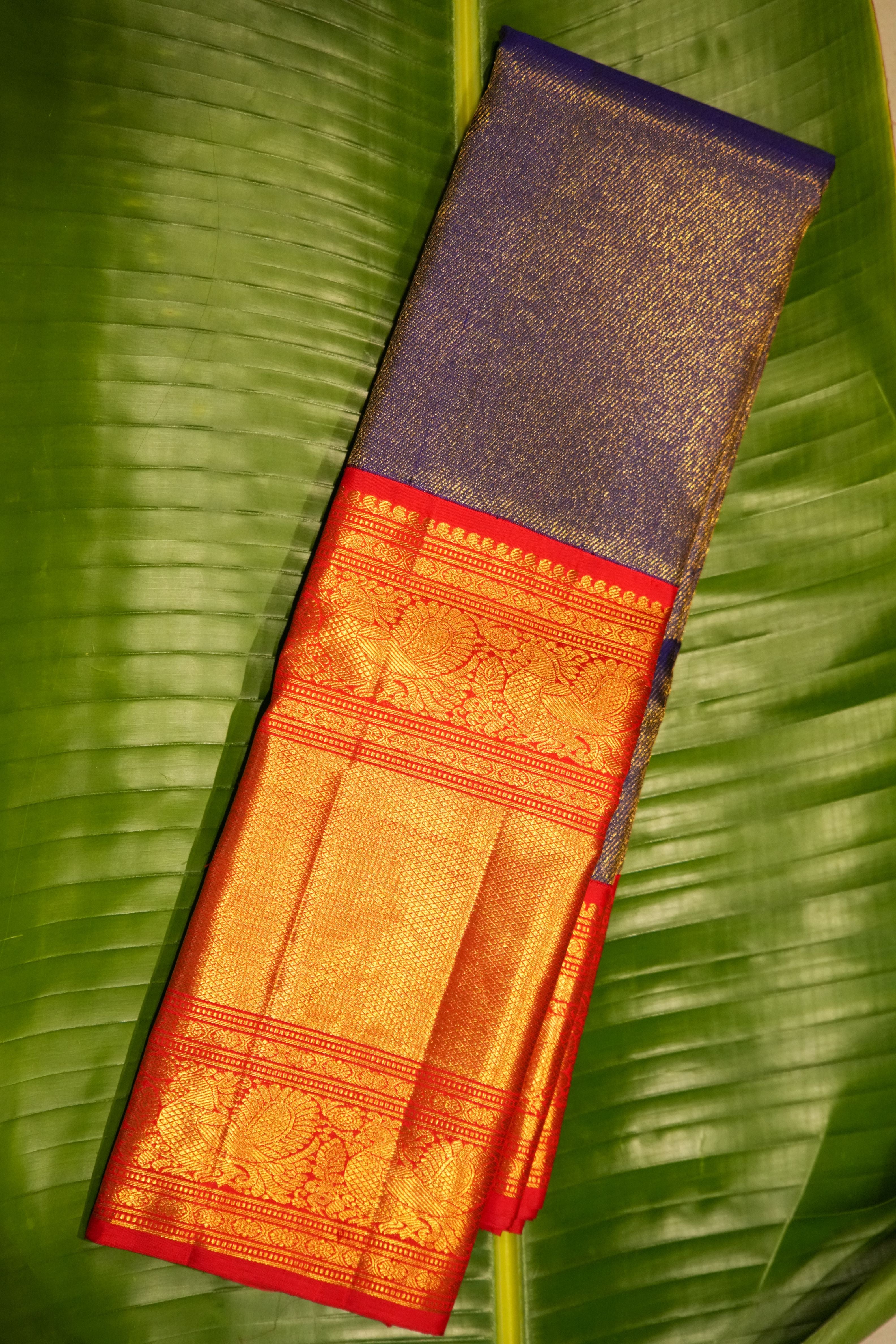 Dark Purple Tissue Kanchi Saree with Red Border