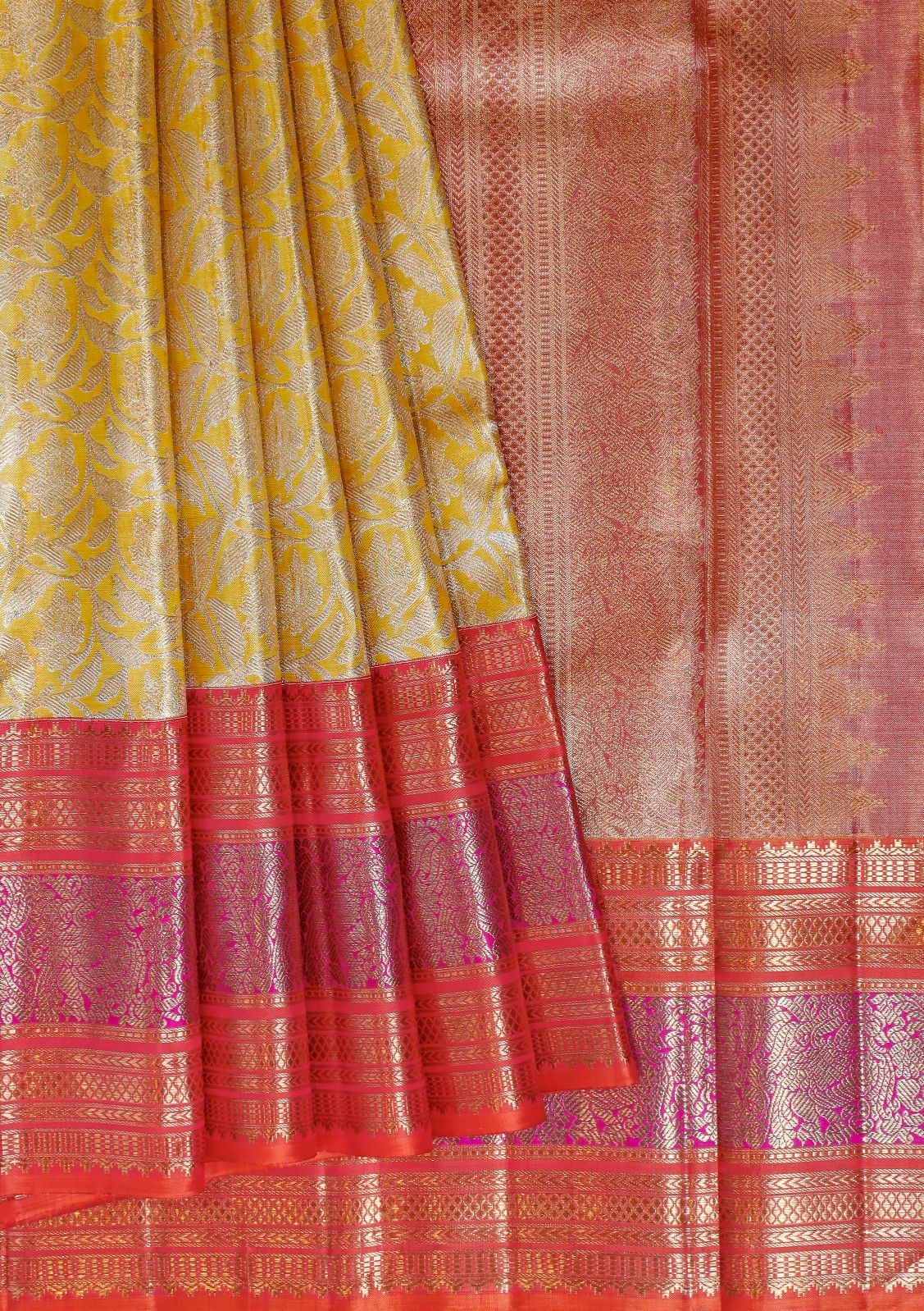 Gold Floral Kanchi Saree with Red and Purple Border