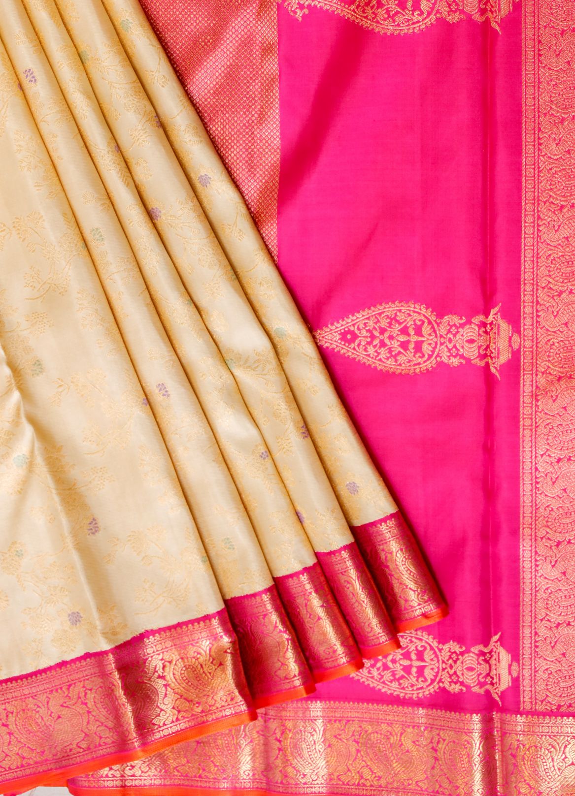 Beige Floral Kanchi Saree with Pink border