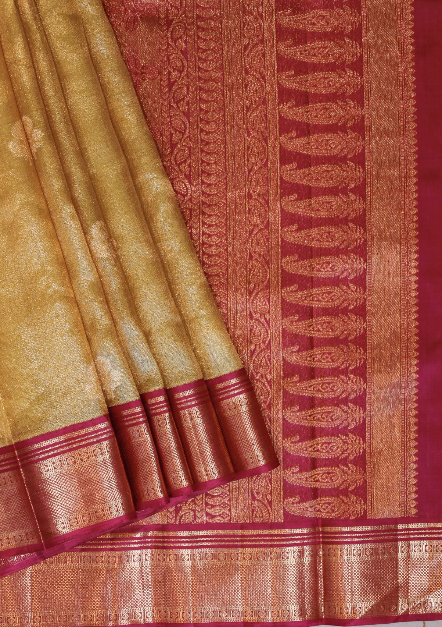 Gold Tissue Kanchi saree with Wine Border
