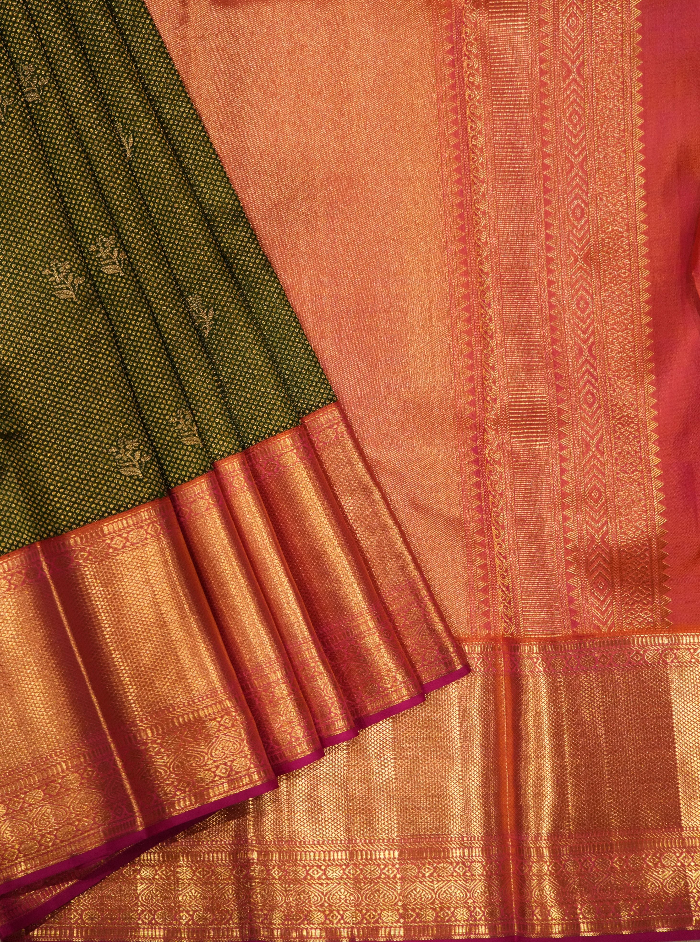 Dark Green Vintage Kanchi Saree with Pink Border