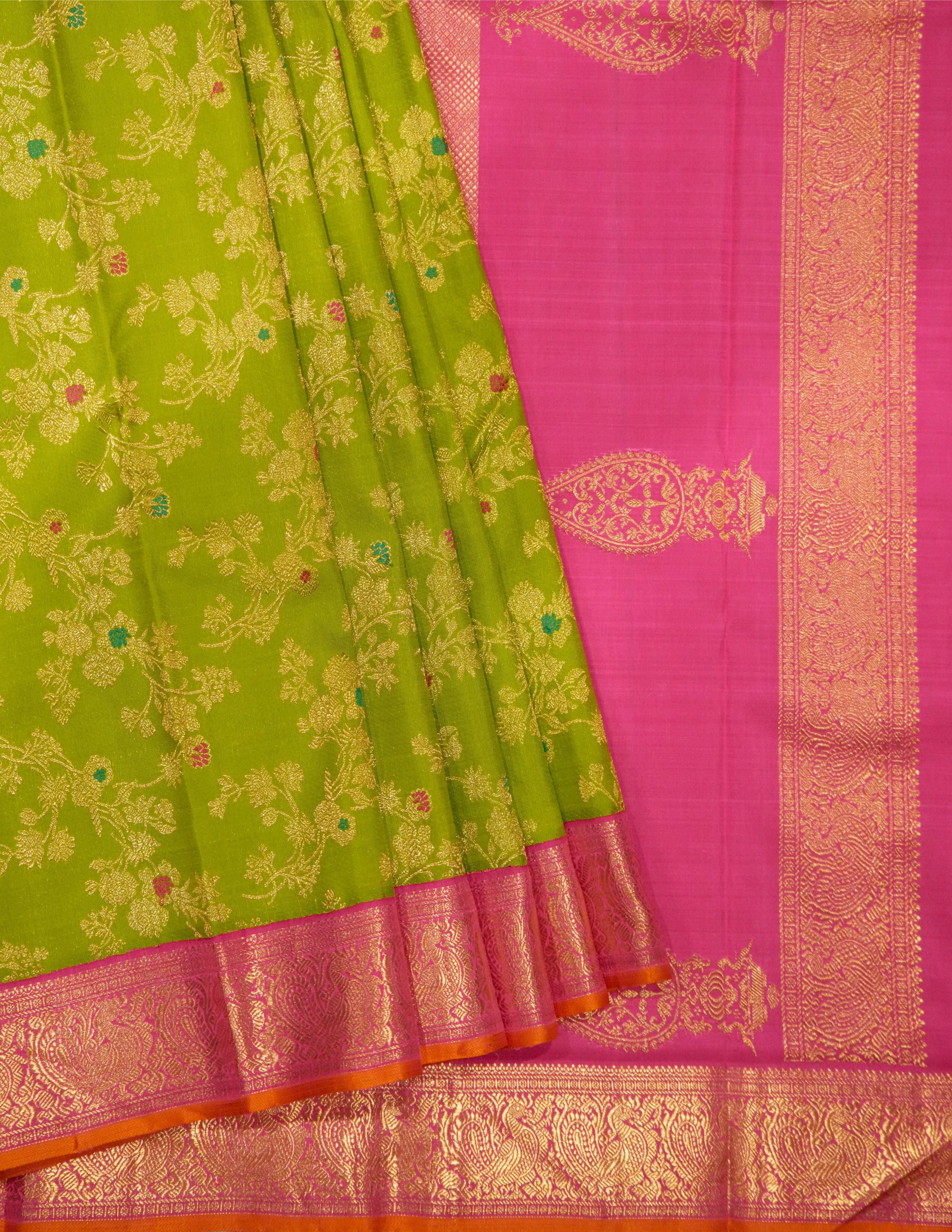 Parrot Green Floral Kanchi Saree with Contrast Pink Border