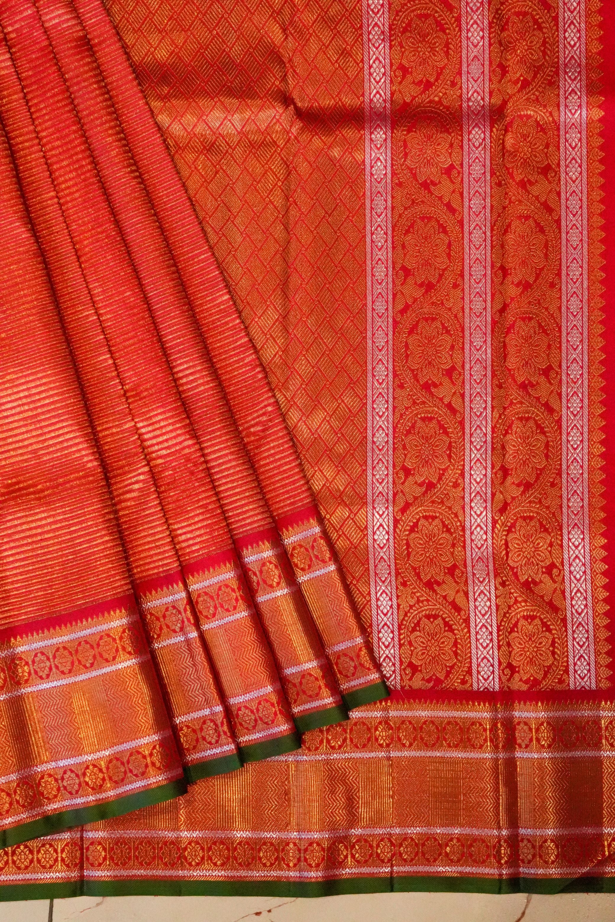 Red Vintage Kanchi saree with Green selvedge