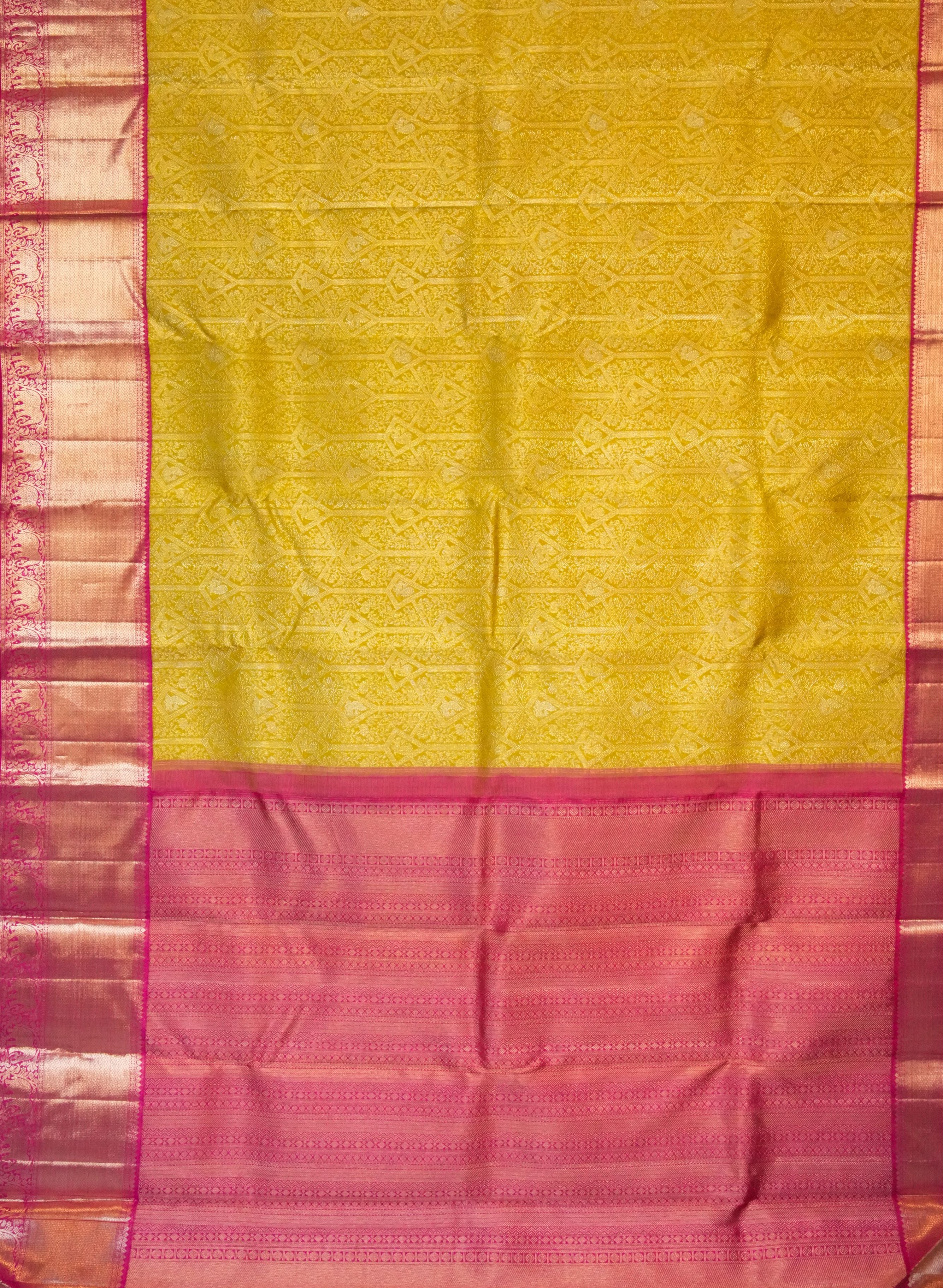 Yellow Gold Kanchi Pattu saree with Pink border
