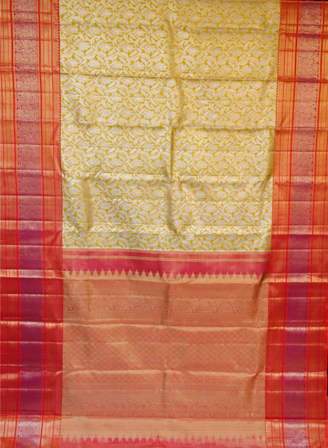 Gold Floral Kanchi Saree with Red and Purple Border