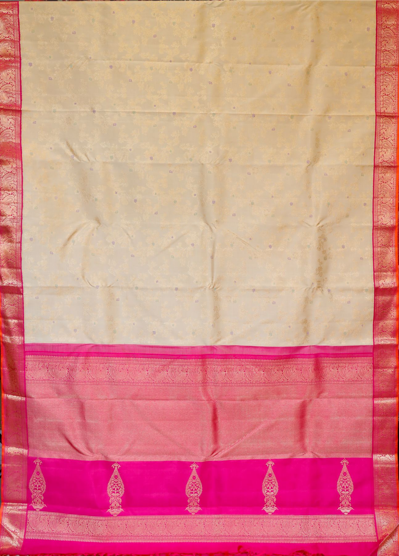 Beige Floral Kanchi Saree with Pink border