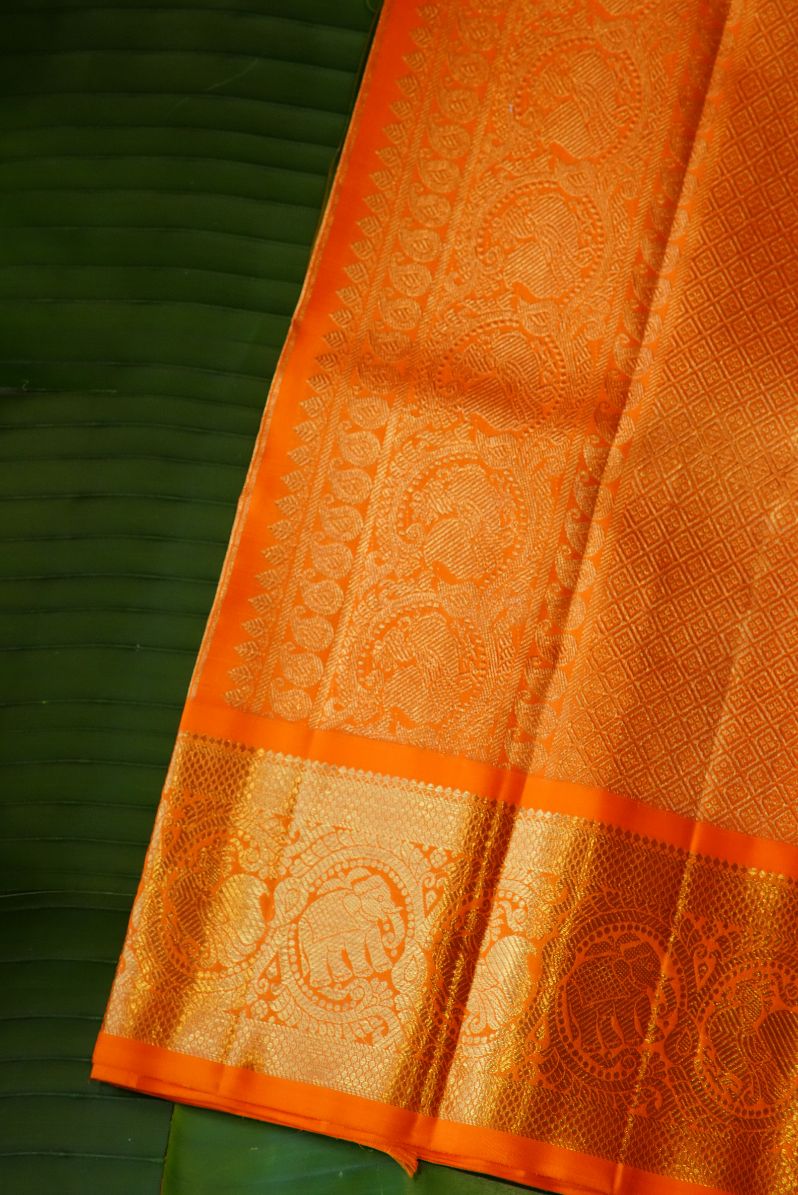 Dark Gold Kanchi Saree with Traditional Orange Border