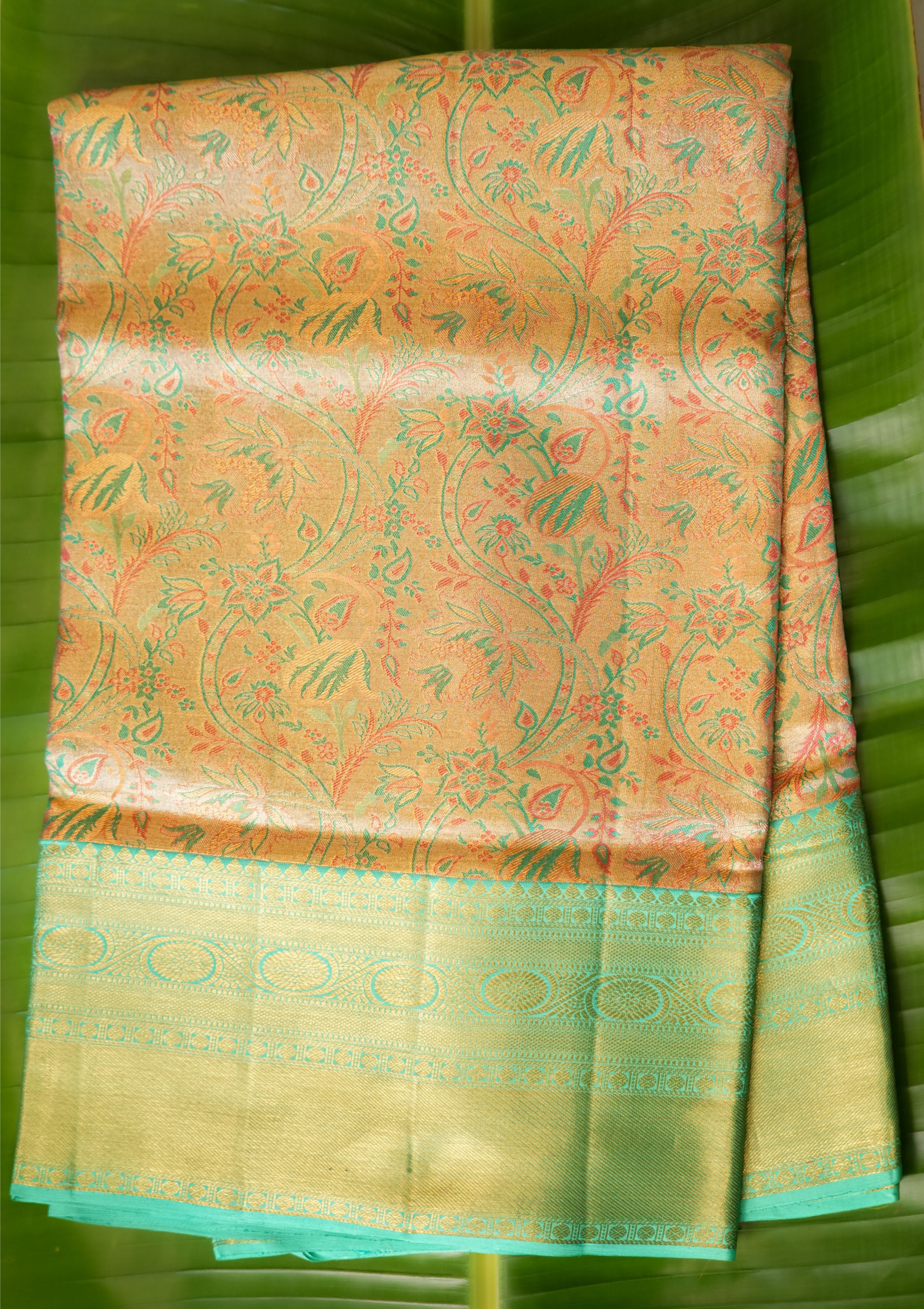 Gold Meenakari Kanchi Saree with Blue Border