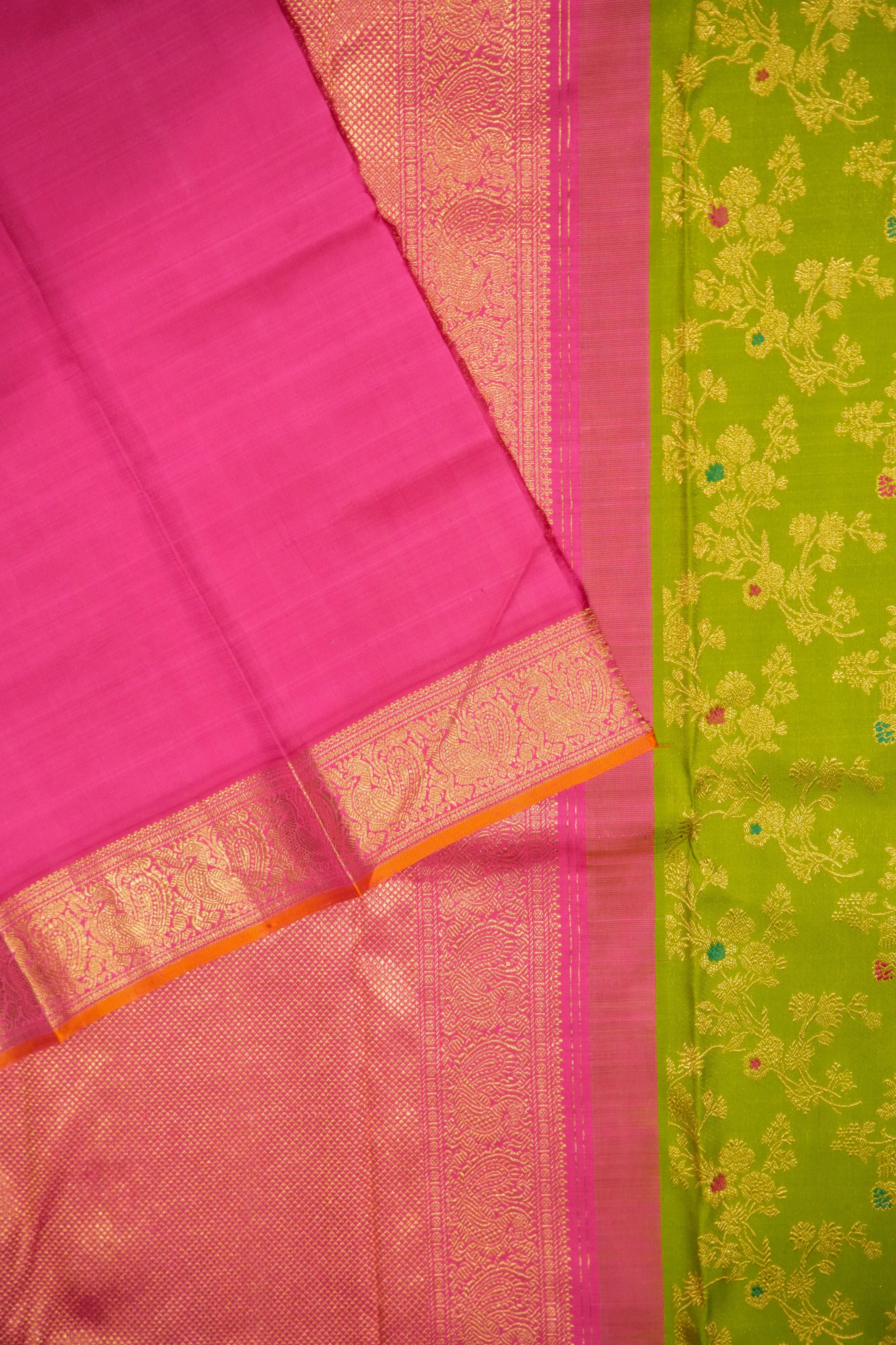Parrot Green Floral Kanchi Saree with Contrast Pink Border