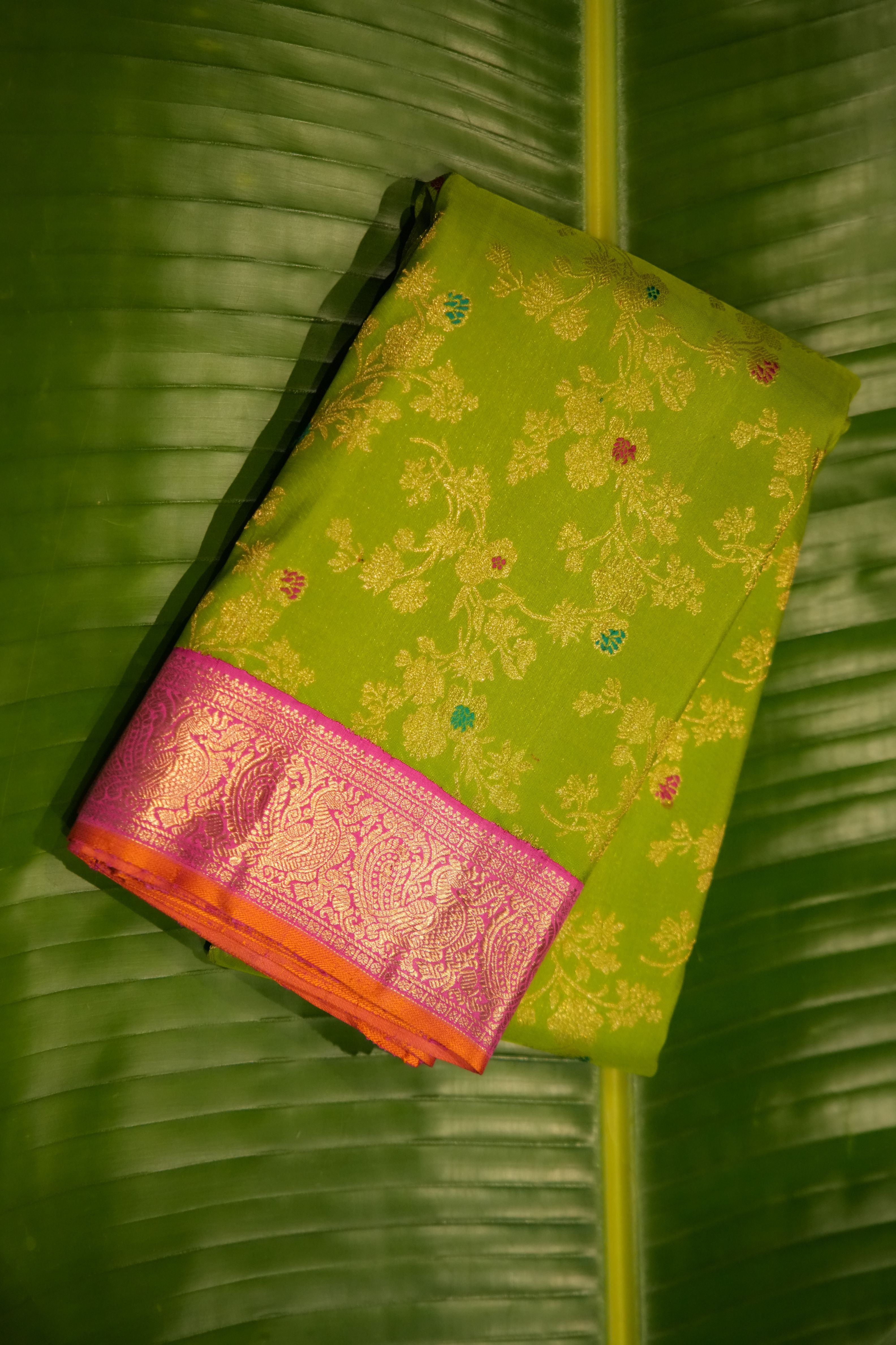 Parrot Green Floral Kanchi Saree with Contrast Pink Border