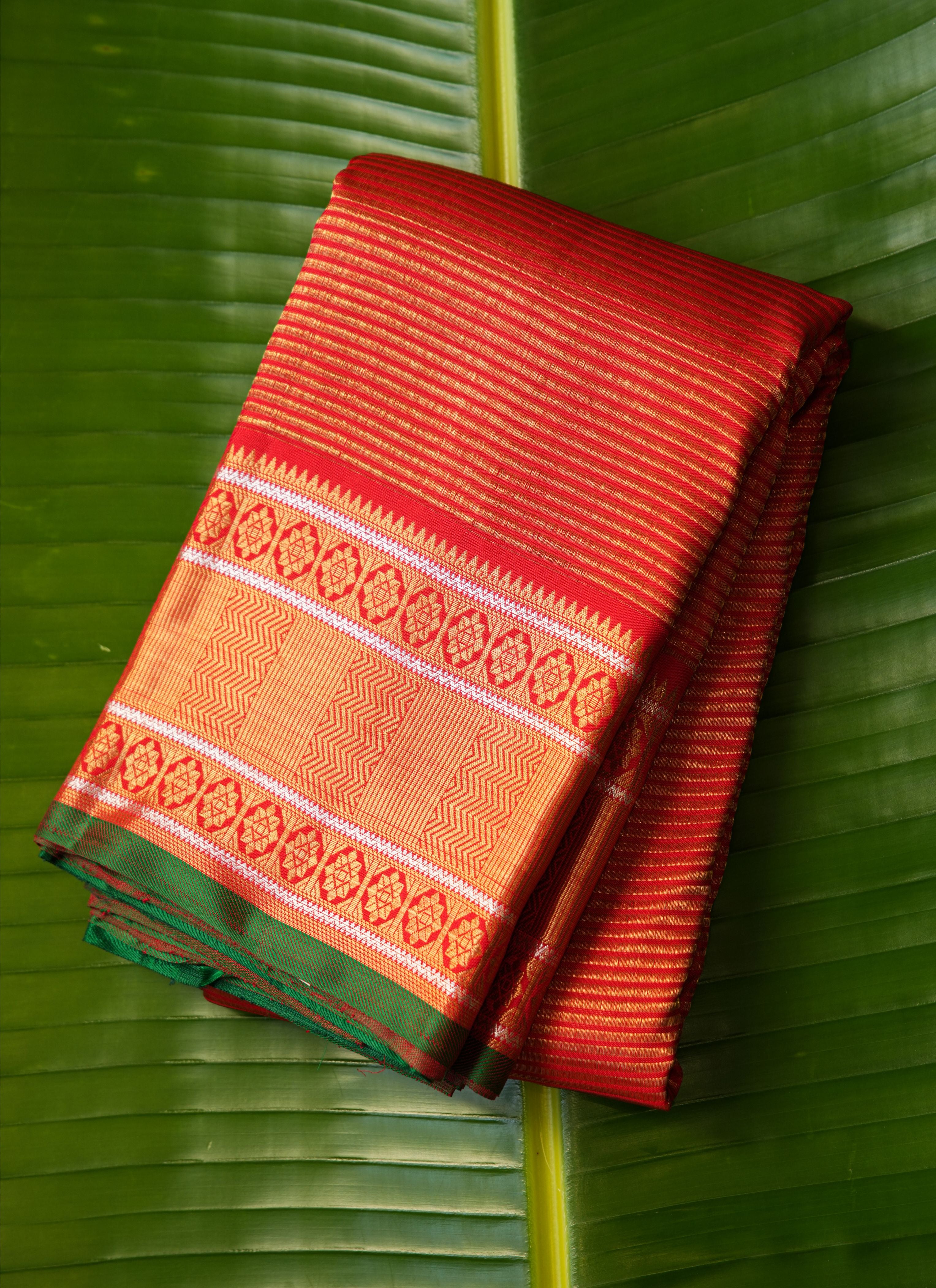 Red Vintage Kanchi saree with Green selvedge