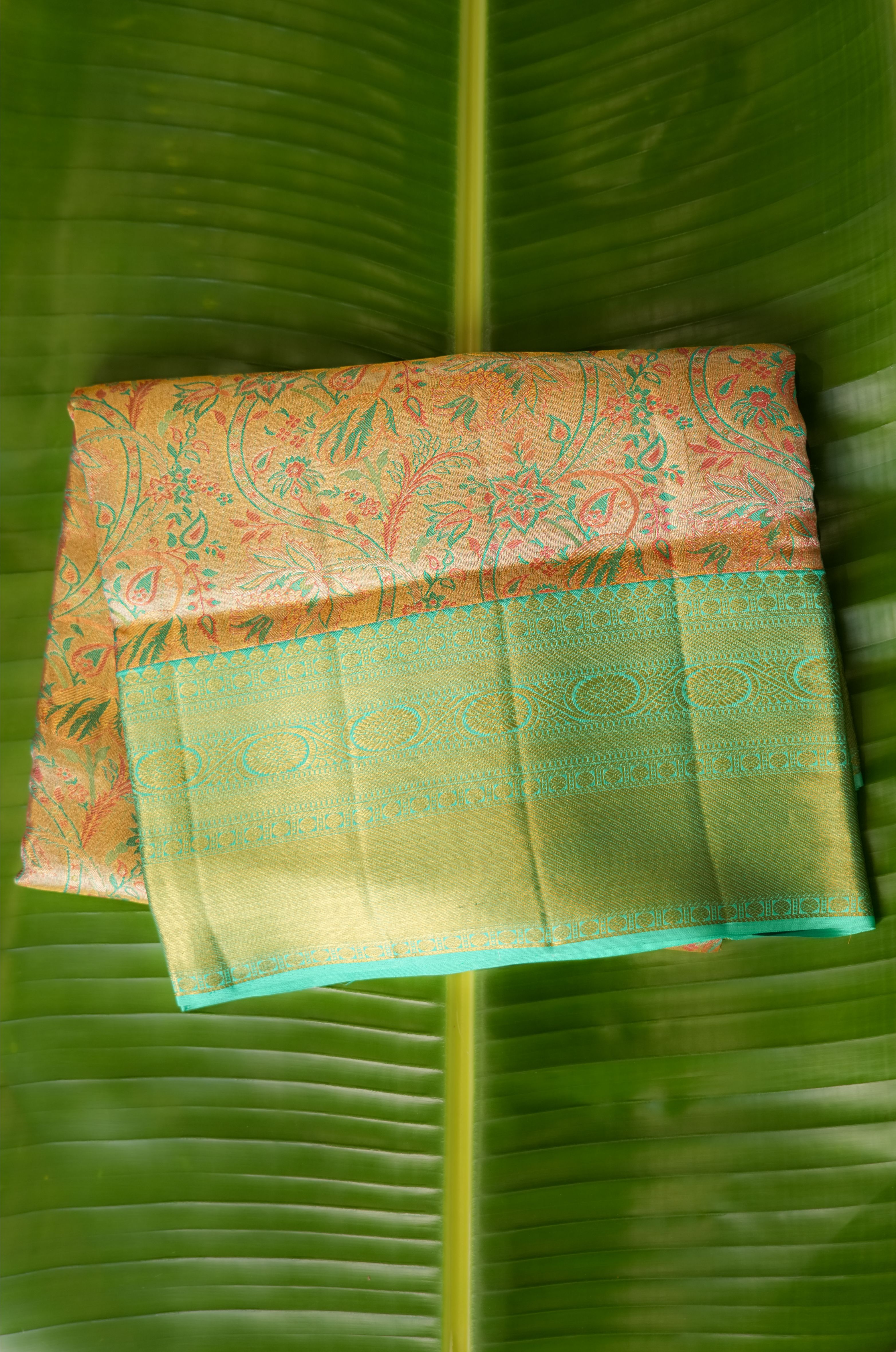 Gold Meenakari Kanchi Saree with Blue Border