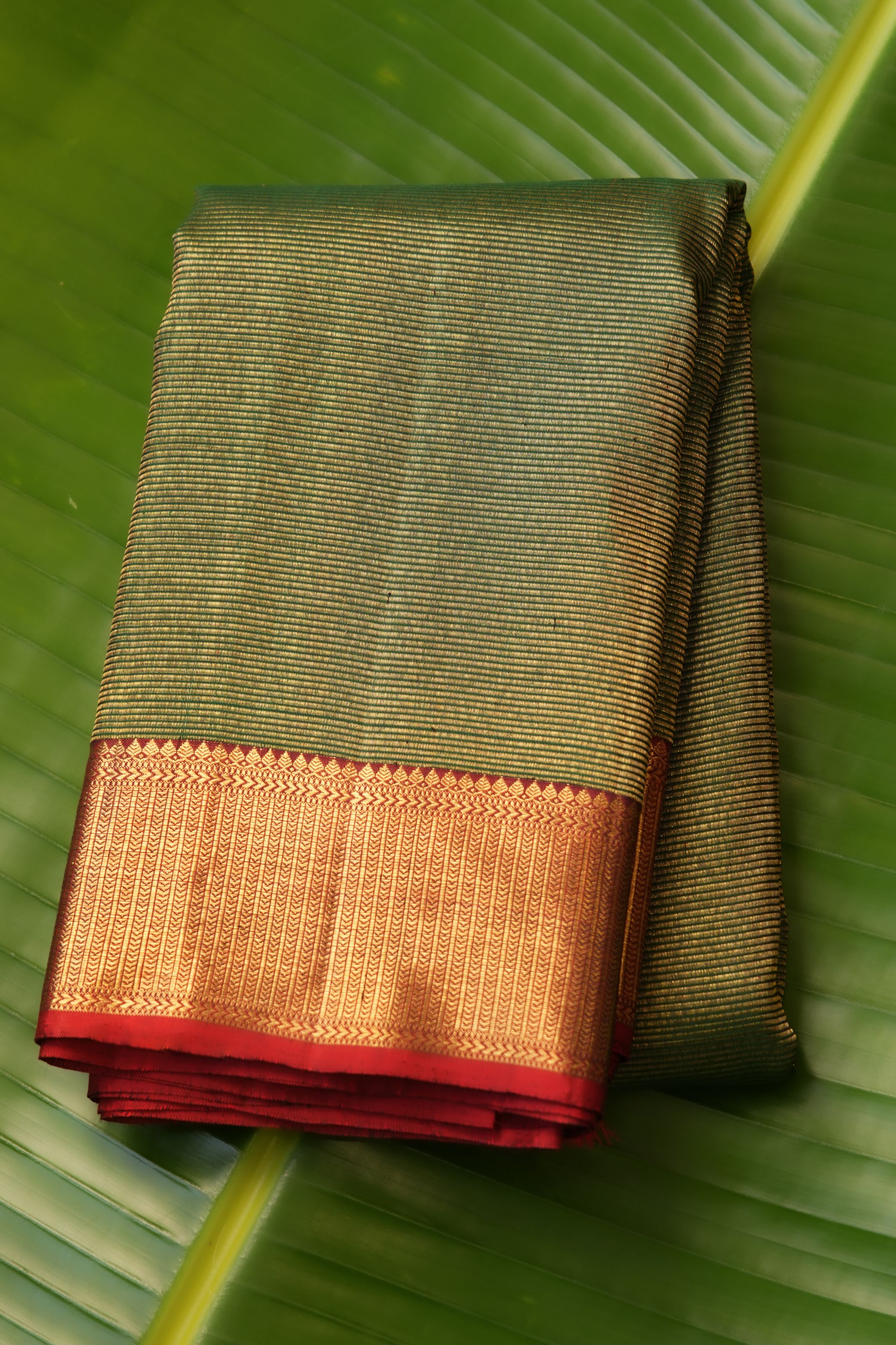 Dark Green Vintage Saree with Red Border