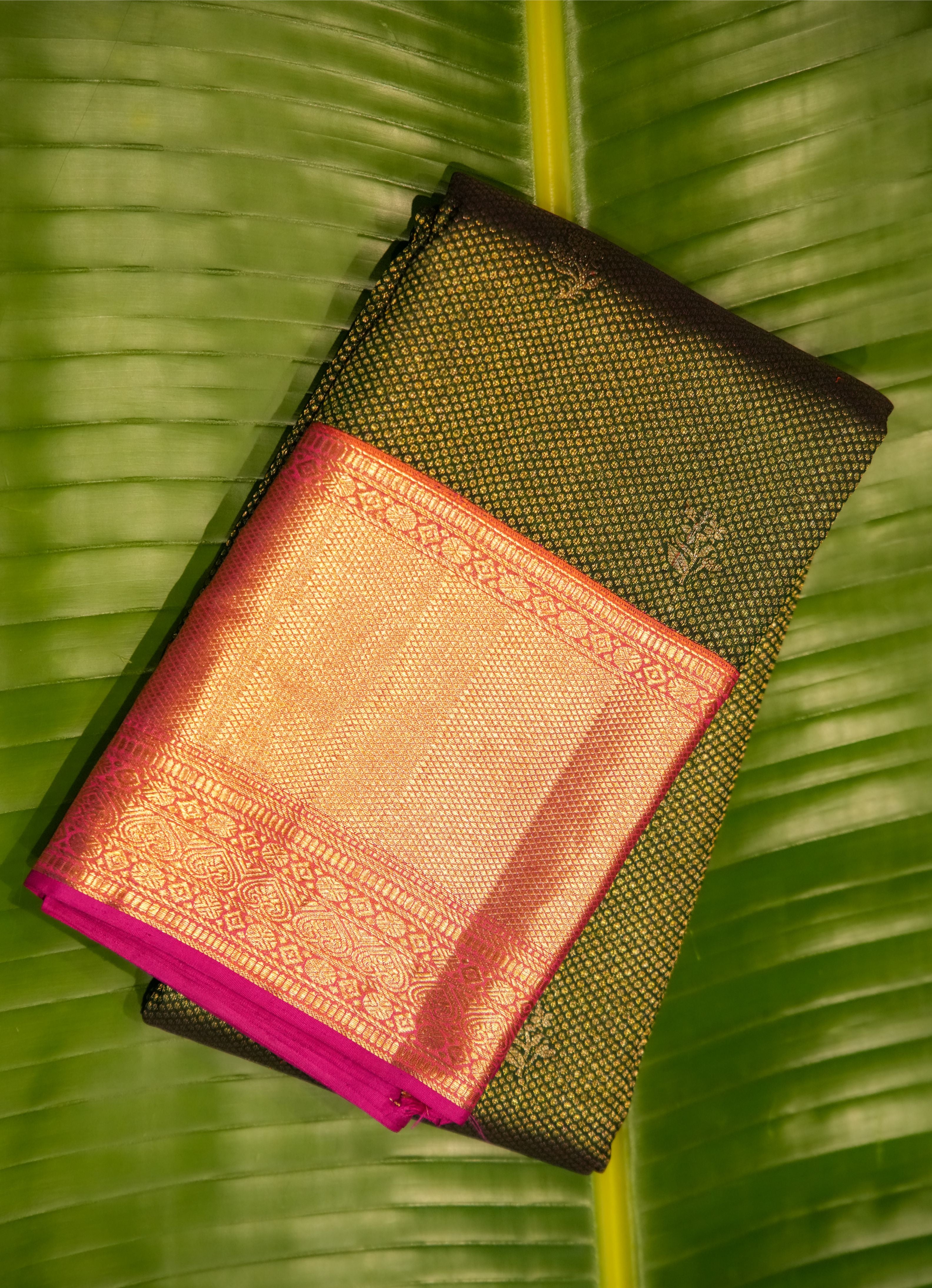 Dark Green Vintage Kanchi Saree with Pink Border