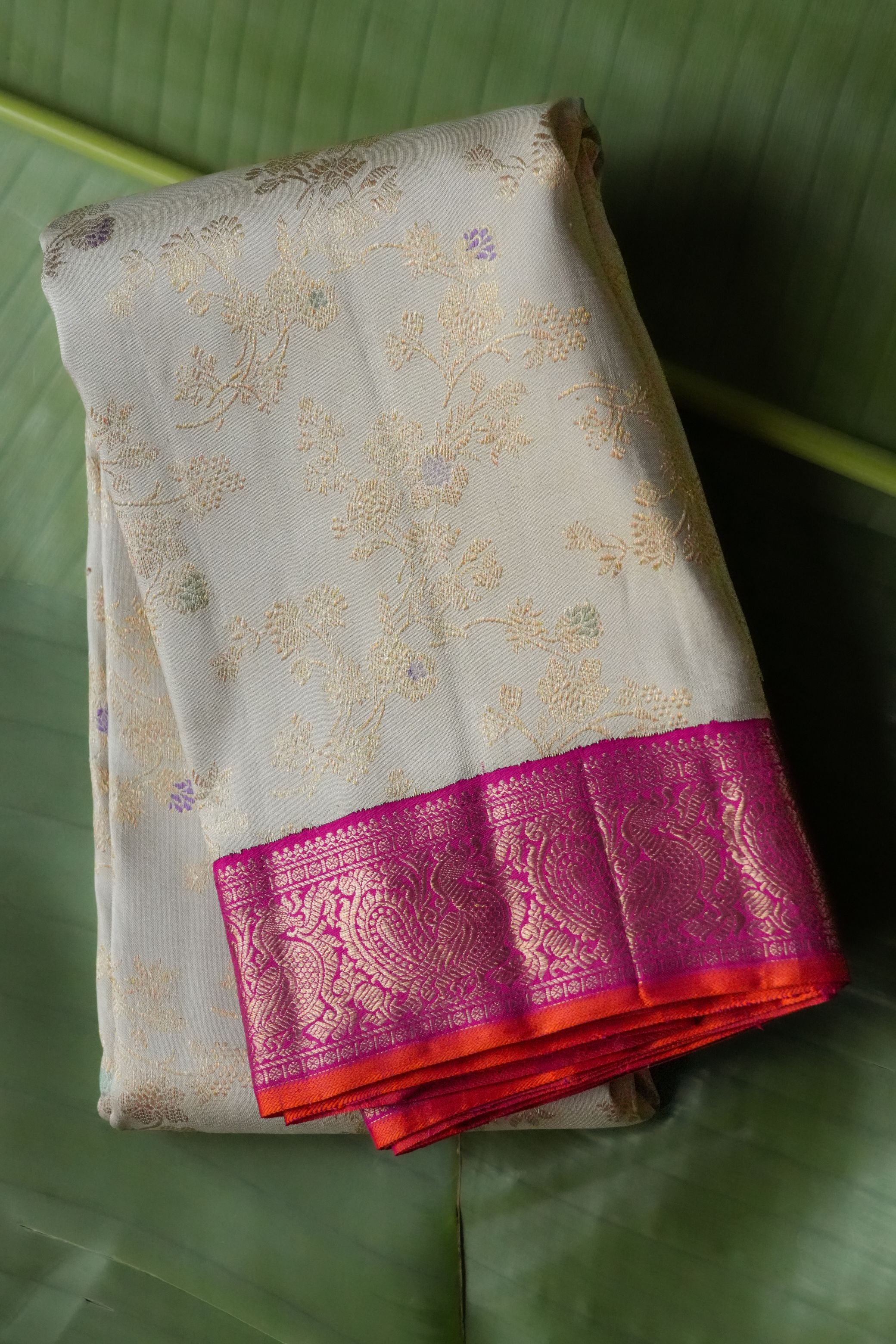 Beige Floral Kanchi Saree with Pink border