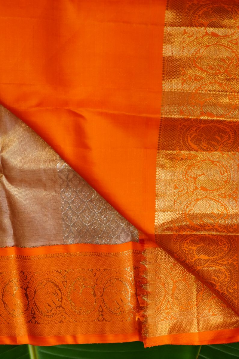 Dark Gold Kanchi Saree with Traditional Orange Border