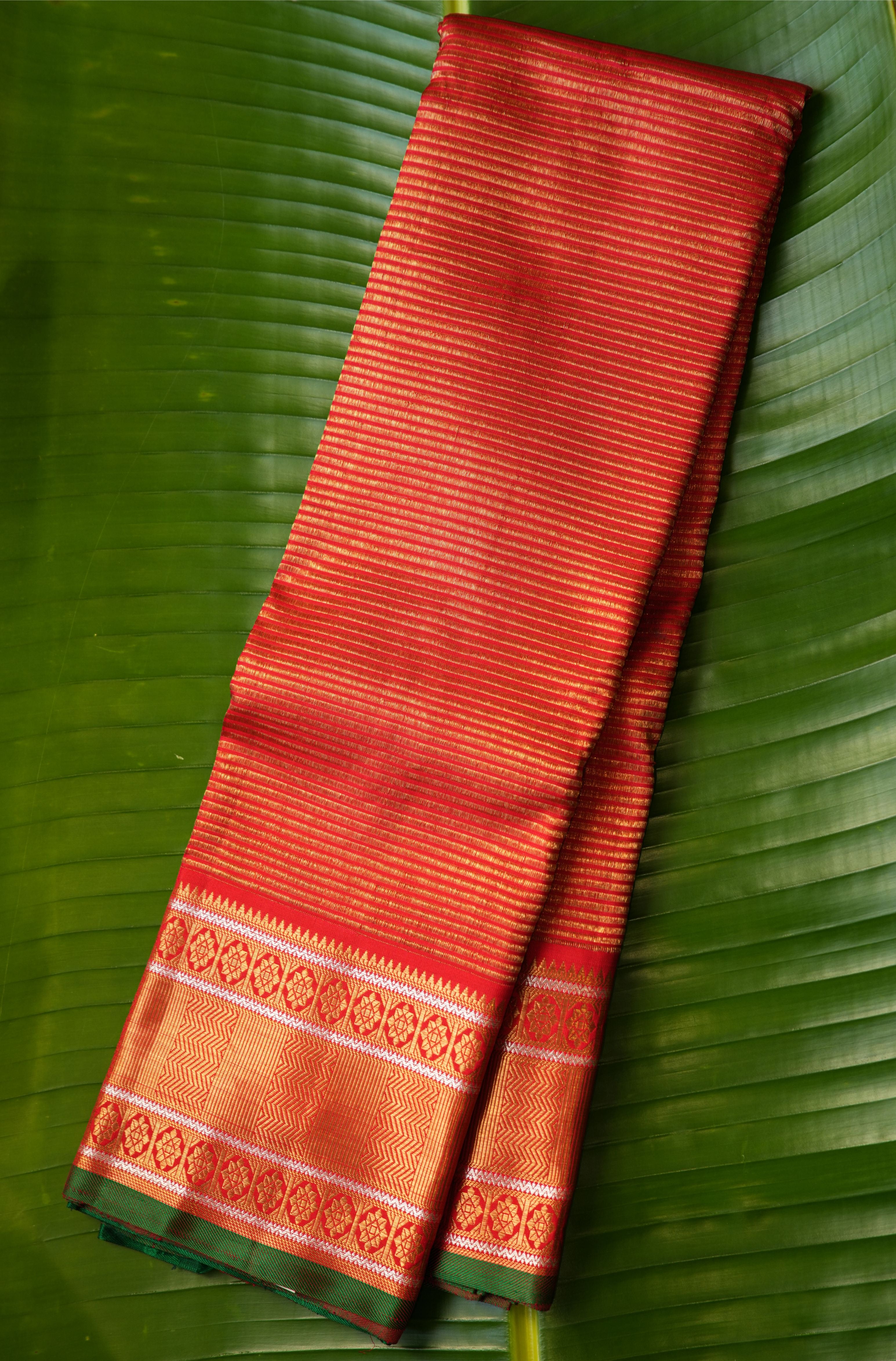 Red Vintage Kanchi saree with Green selvedge
