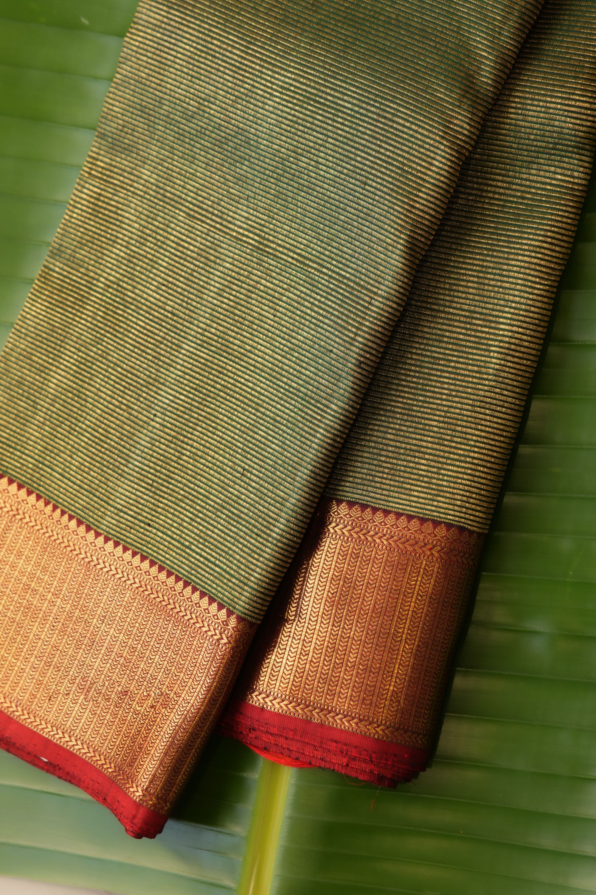 Dark Green Vintage Saree with Red Border