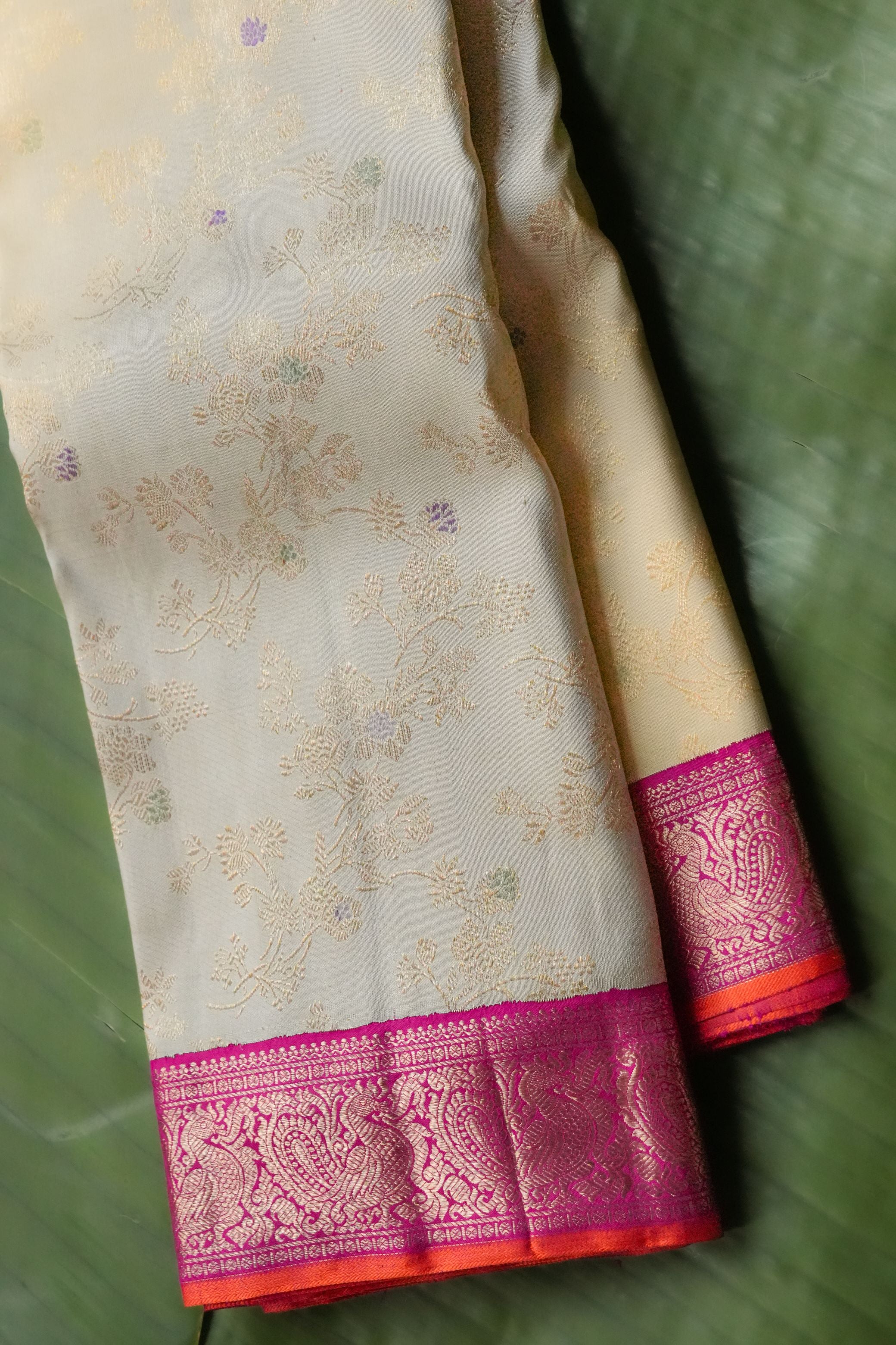 Beige Floral Kanchi Saree with Pink border