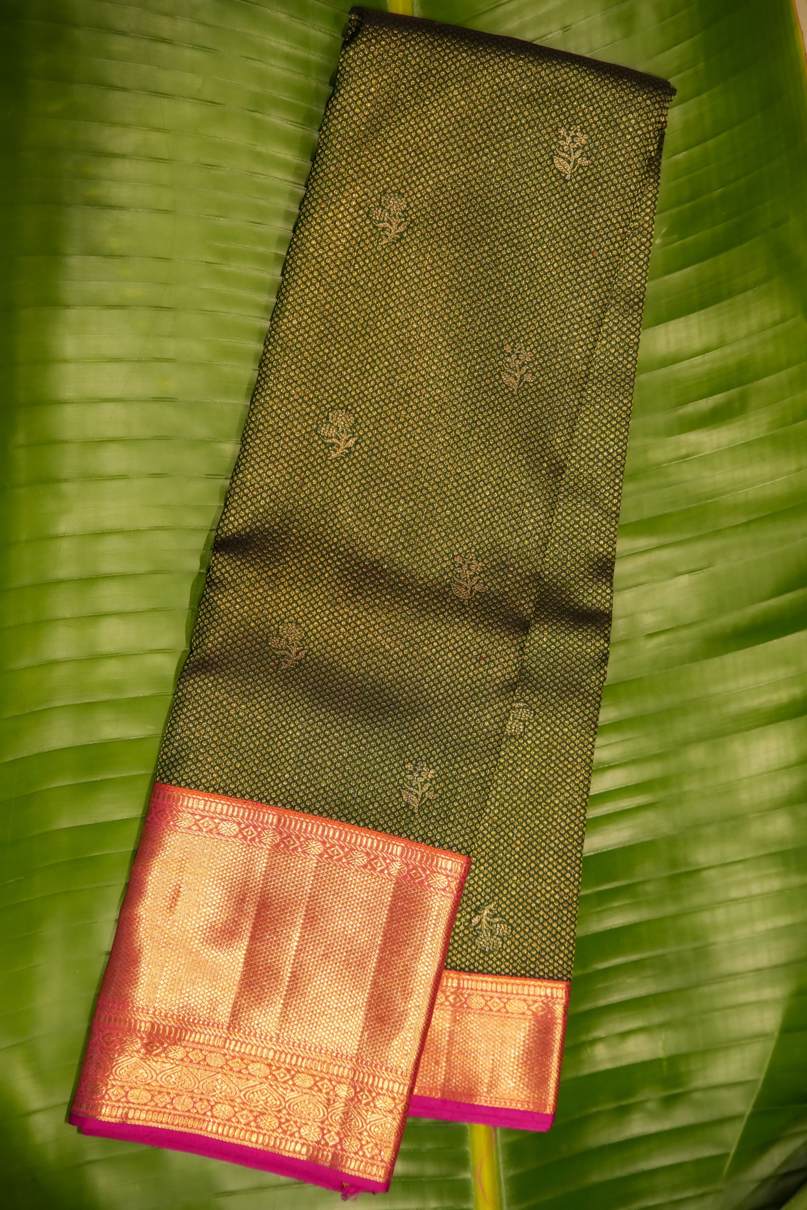 Dark Green Vintage Kanchi Saree with Pink Border