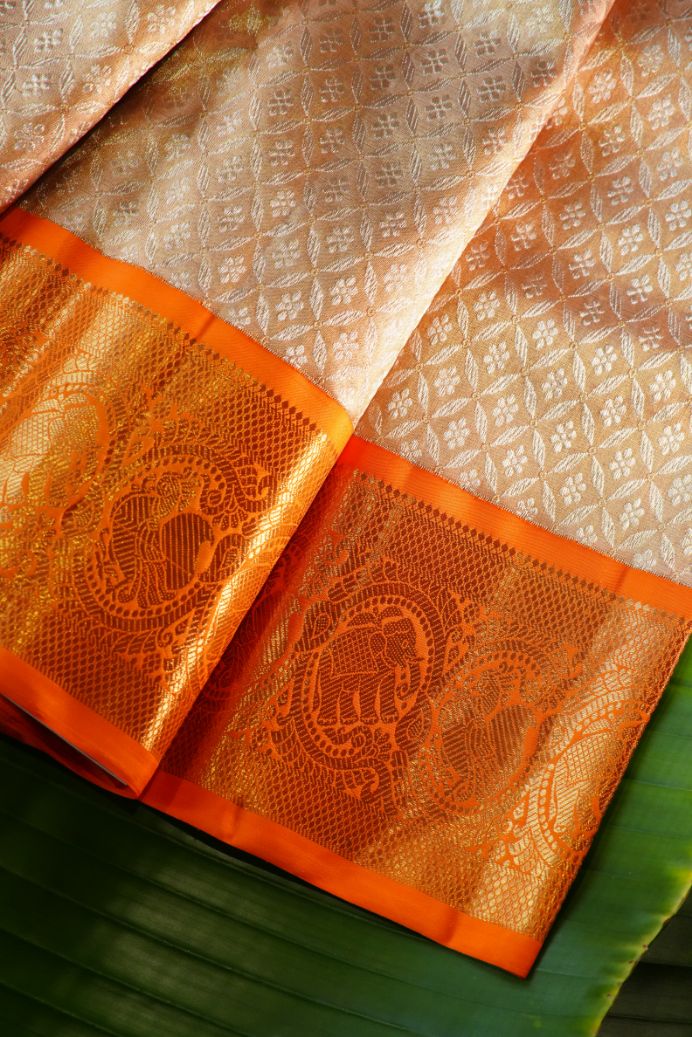 Dark Gold Kanchi Saree with Traditional Orange Border