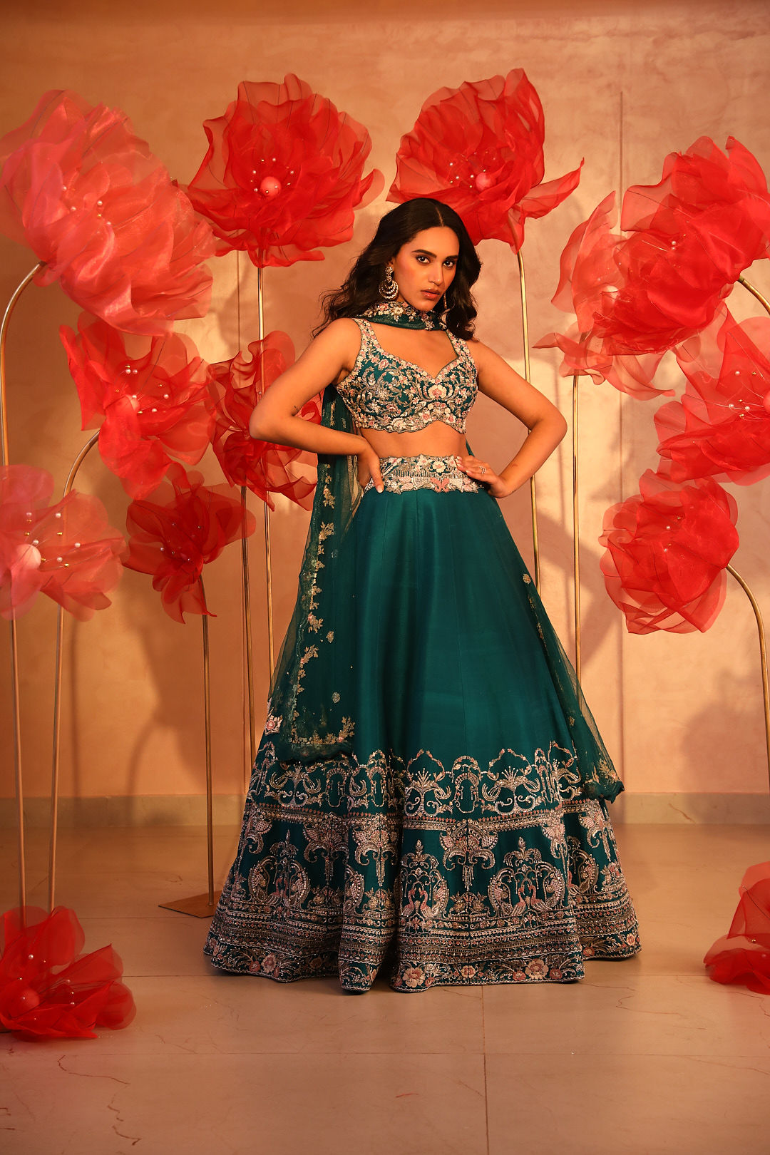 Paradisiacal Peacock Green Embroidered Lehenga Set