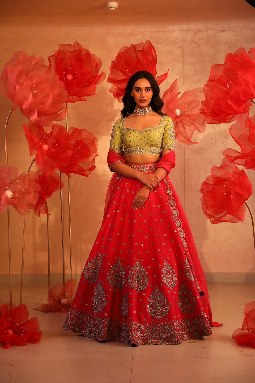 Mesmerising Green and Pink Embroidered Lehenga