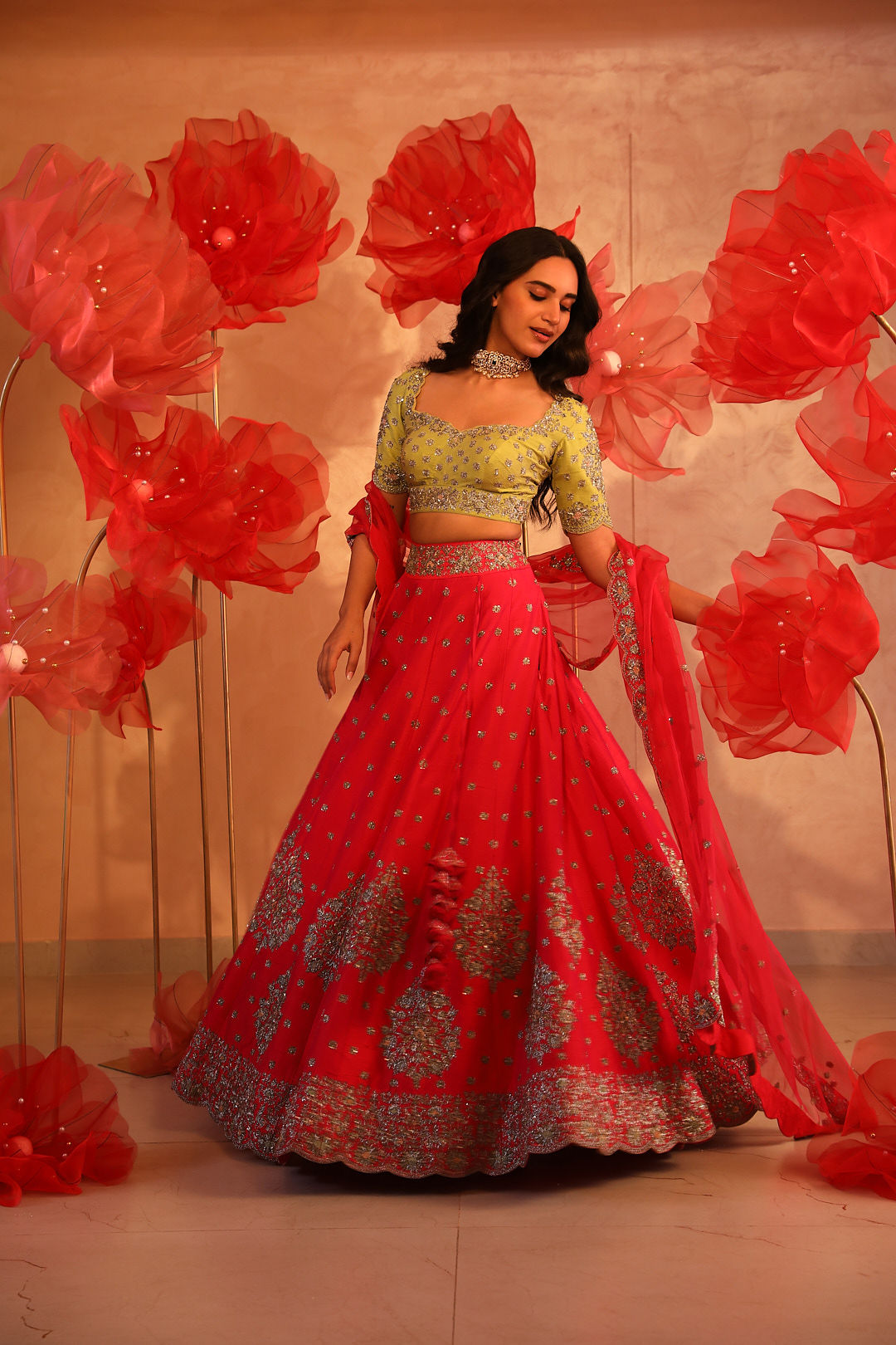 Mesmerising Green and Pink Embroidered Lehenga