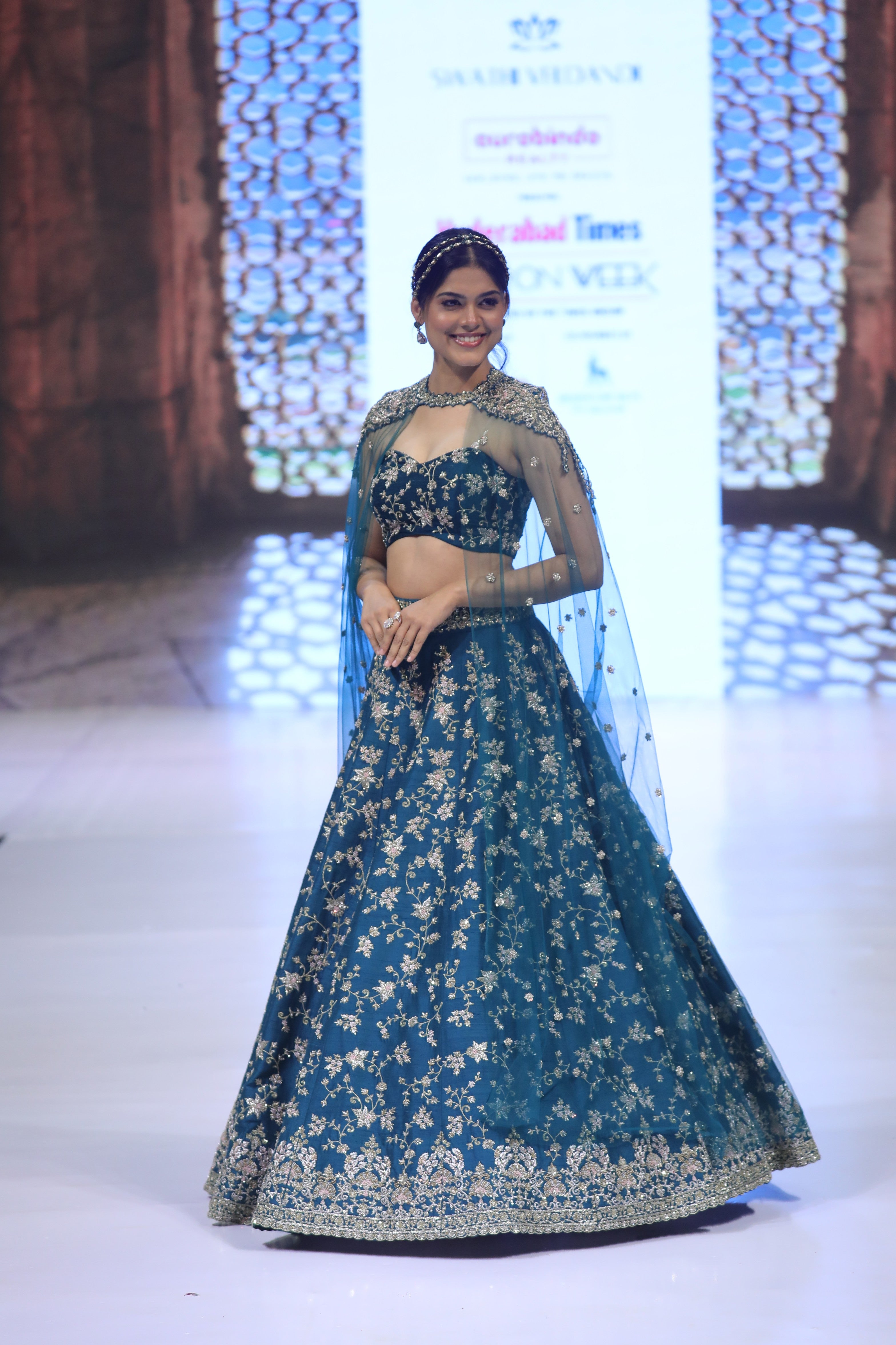 Starlit Teal green cape Lehenga set