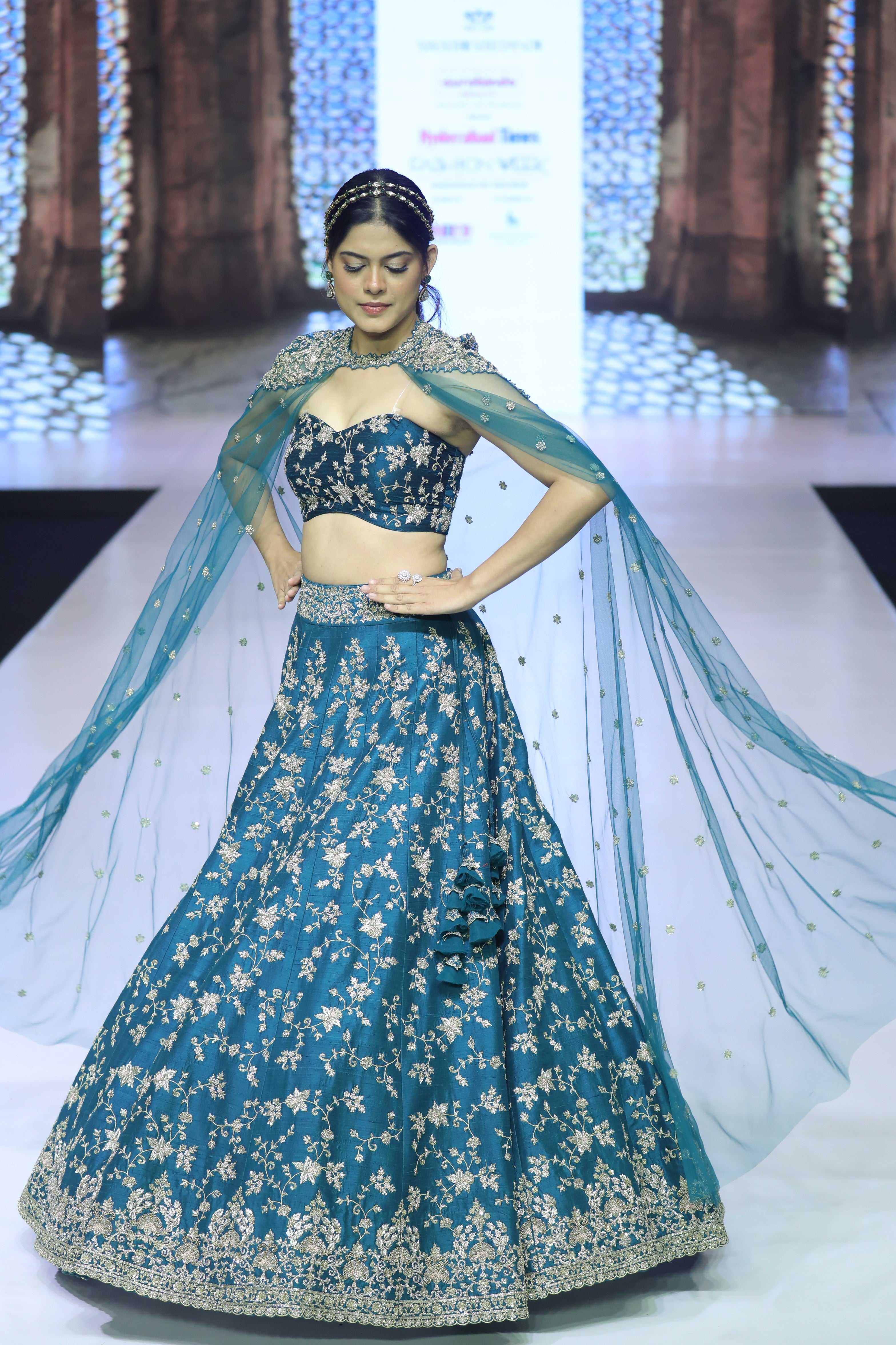 Starlit Teal green cape Lehenga set