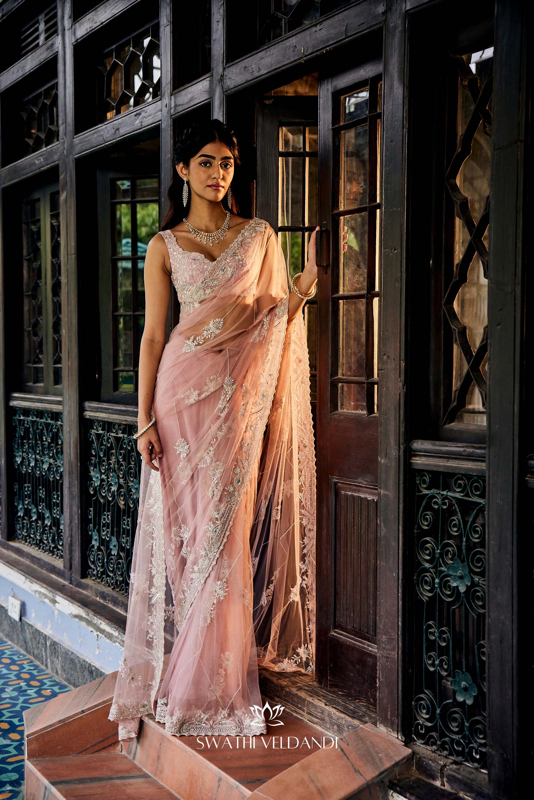 Erato Lemonade pink Net Saree