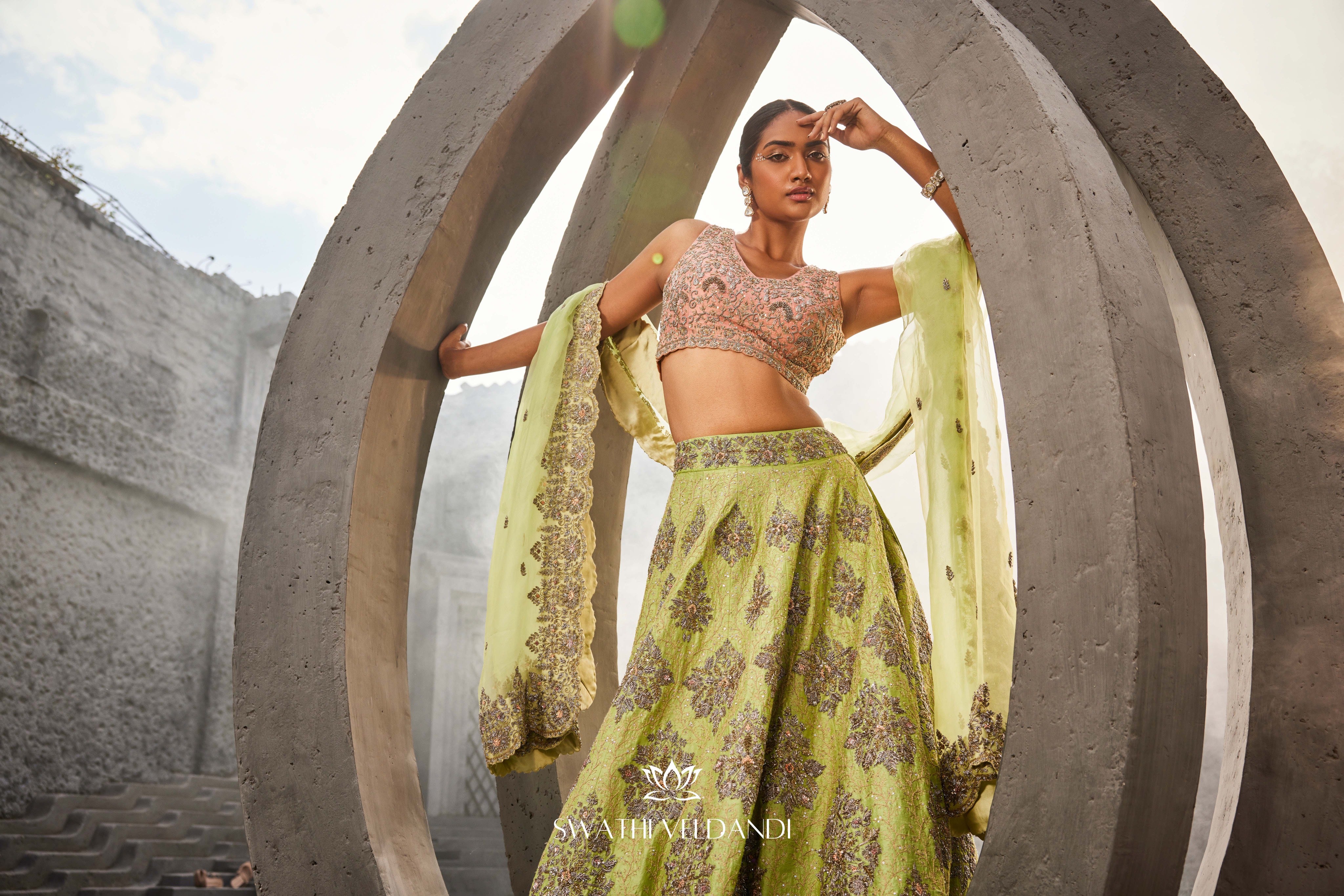 Green-peach lehenga set