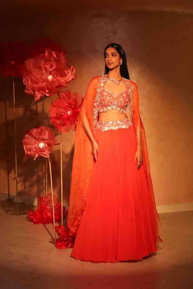 Glamorous Orange Lehenga and Cape Set