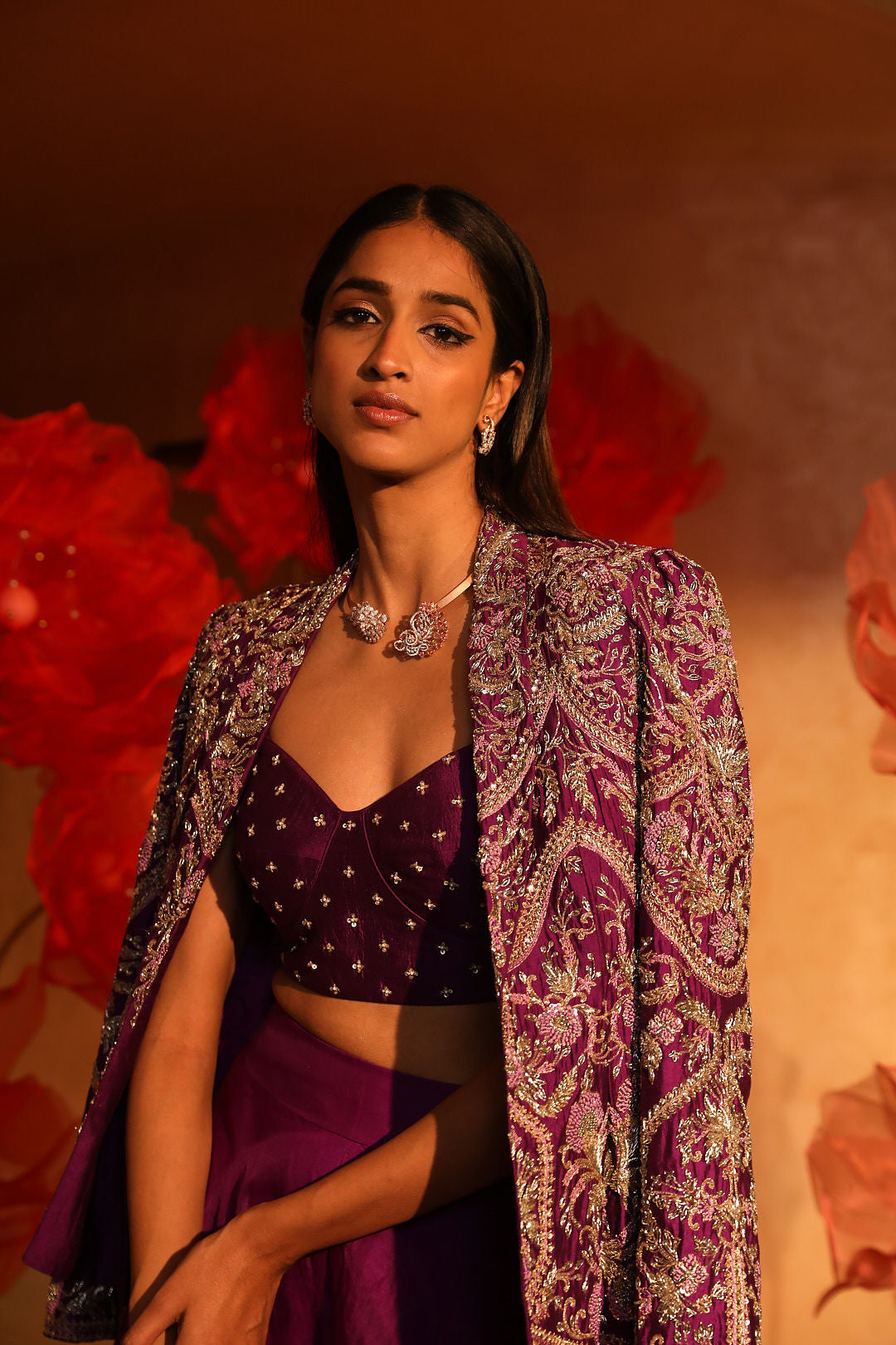 Amethyst Premium Purple Palazzo Set With embroidered Jacket