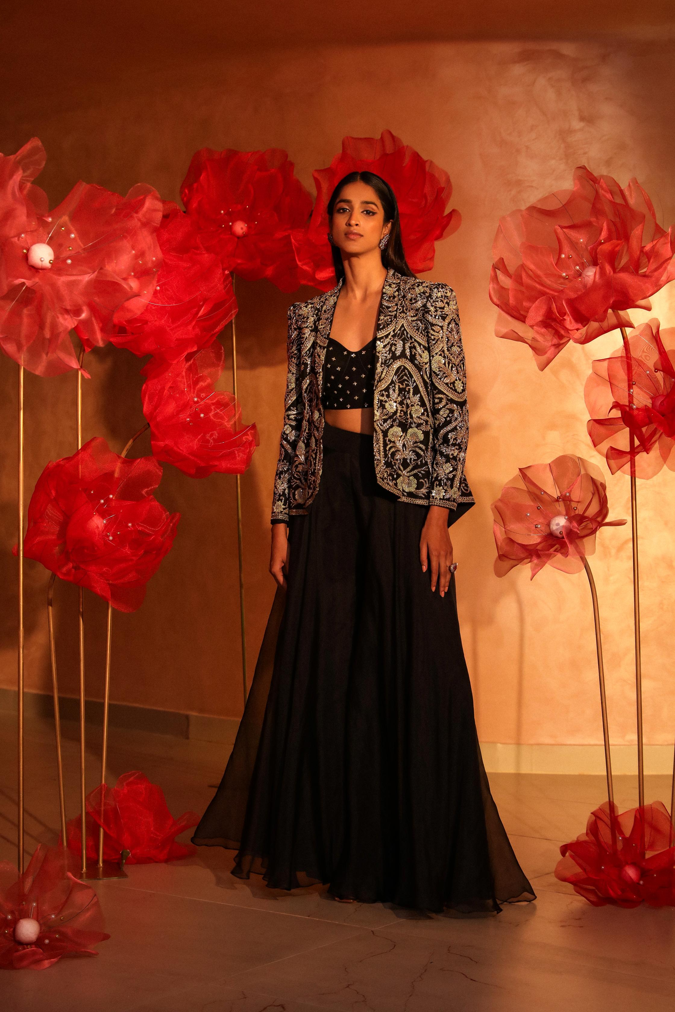Classy Black Palazzo Set With embroidered Jacket