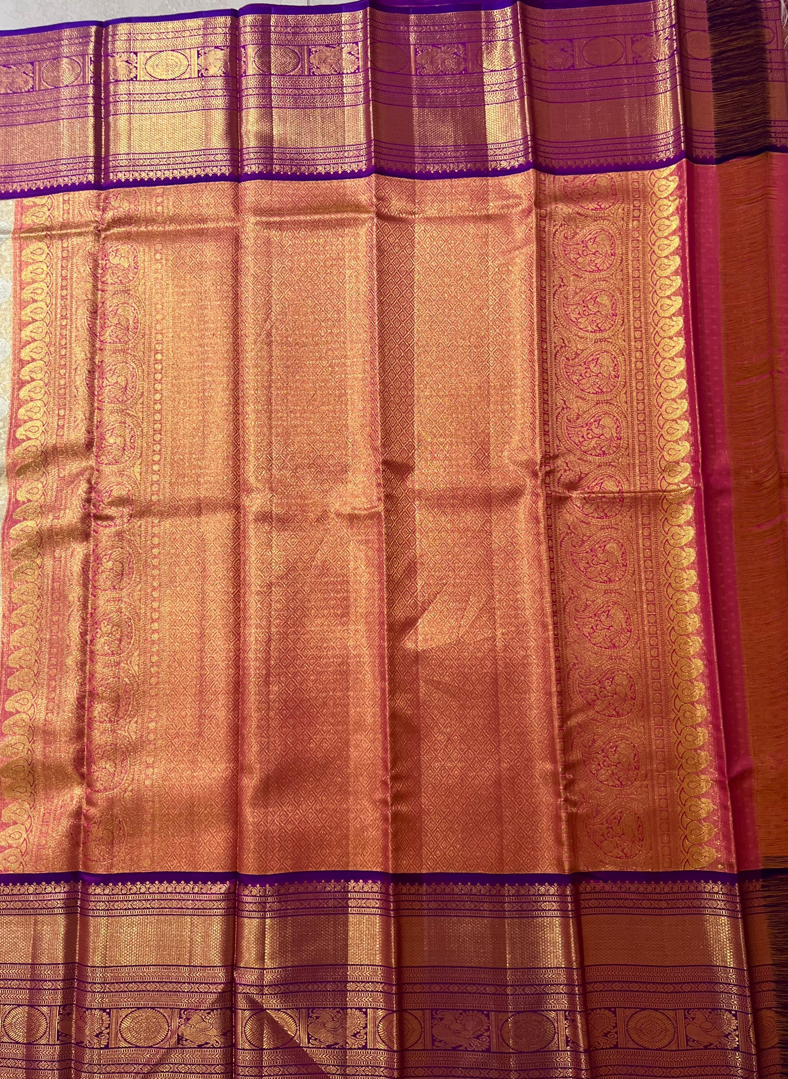 Golden and violet Kanjeevaram silk saree