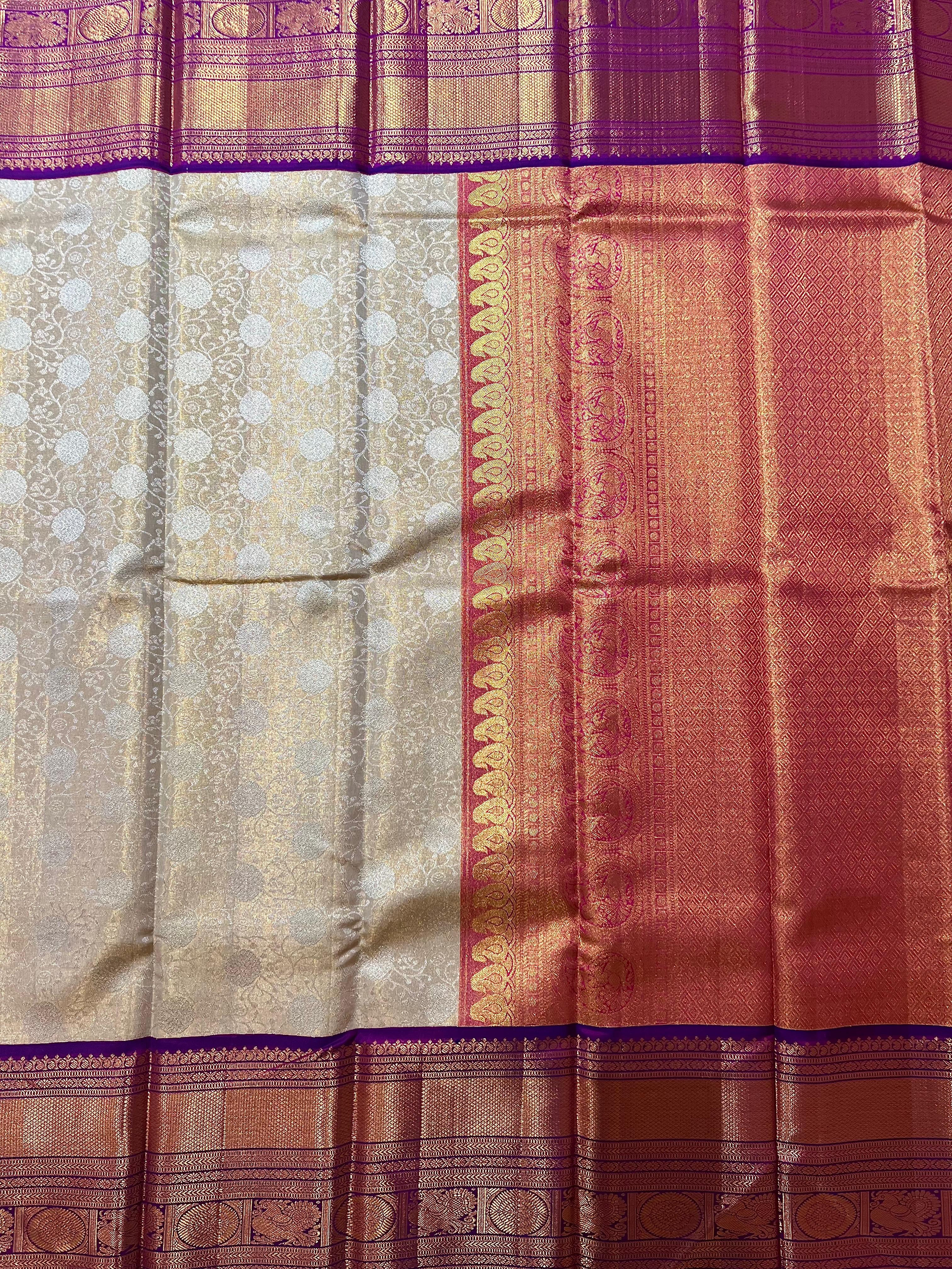 Golden and violet Kanjeevaram silk saree