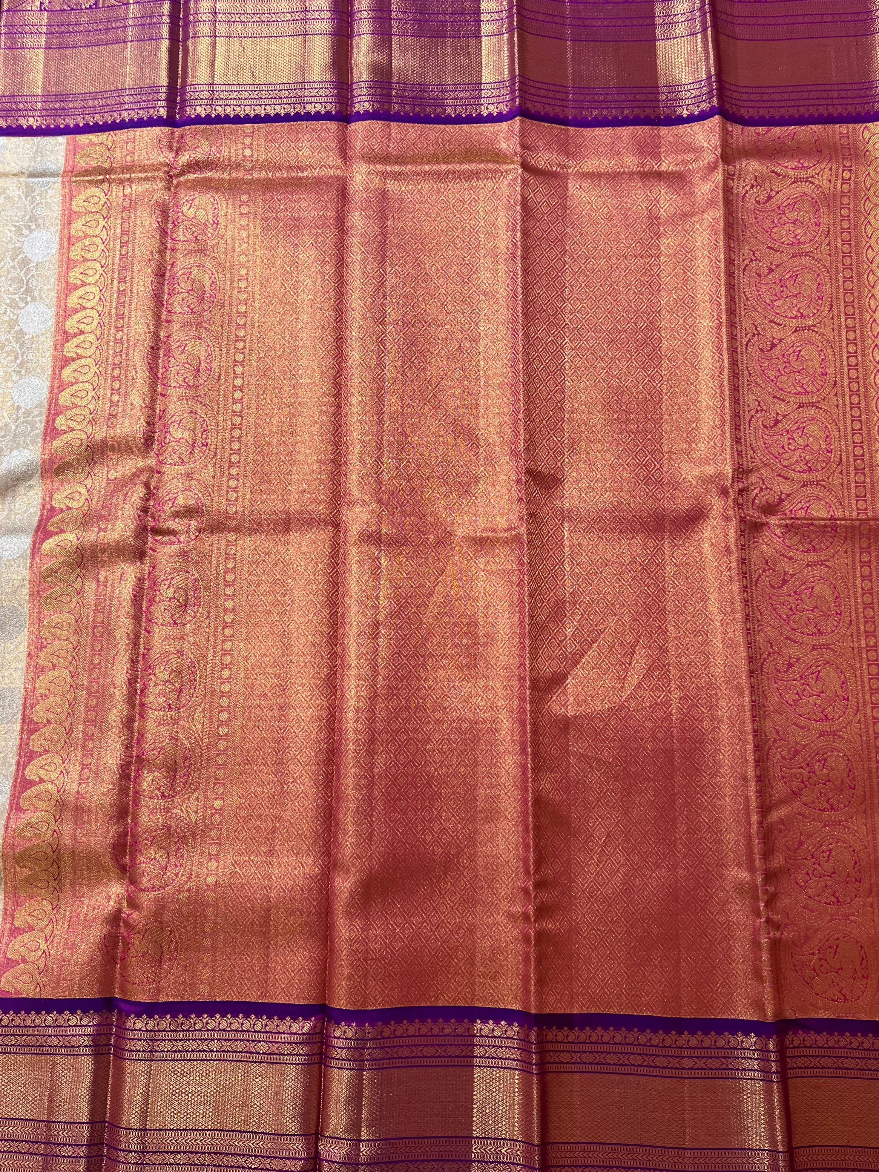 Golden and violet Kanjeevaram silk saree