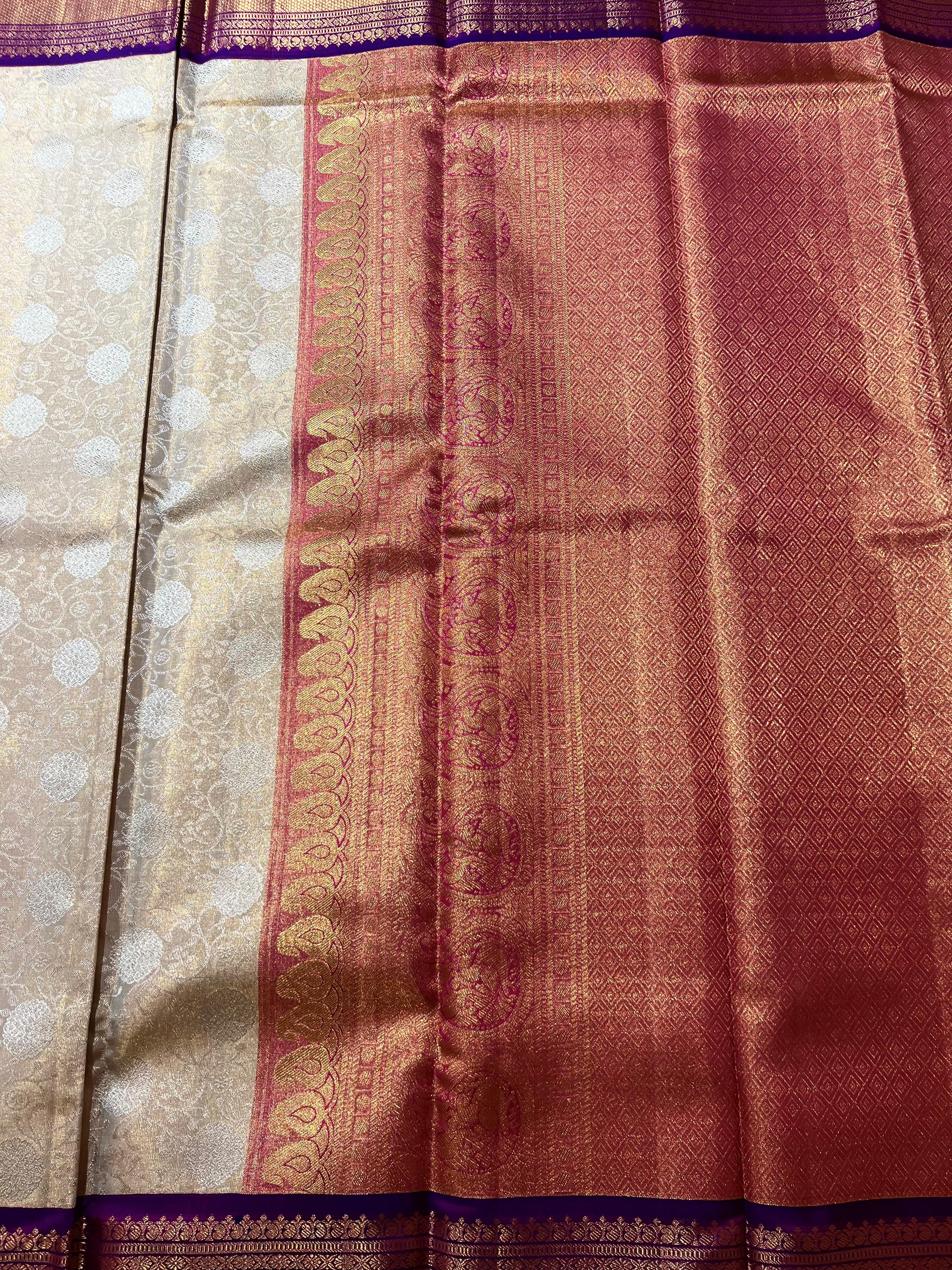 Golden and violet Kanjeevaram silk saree