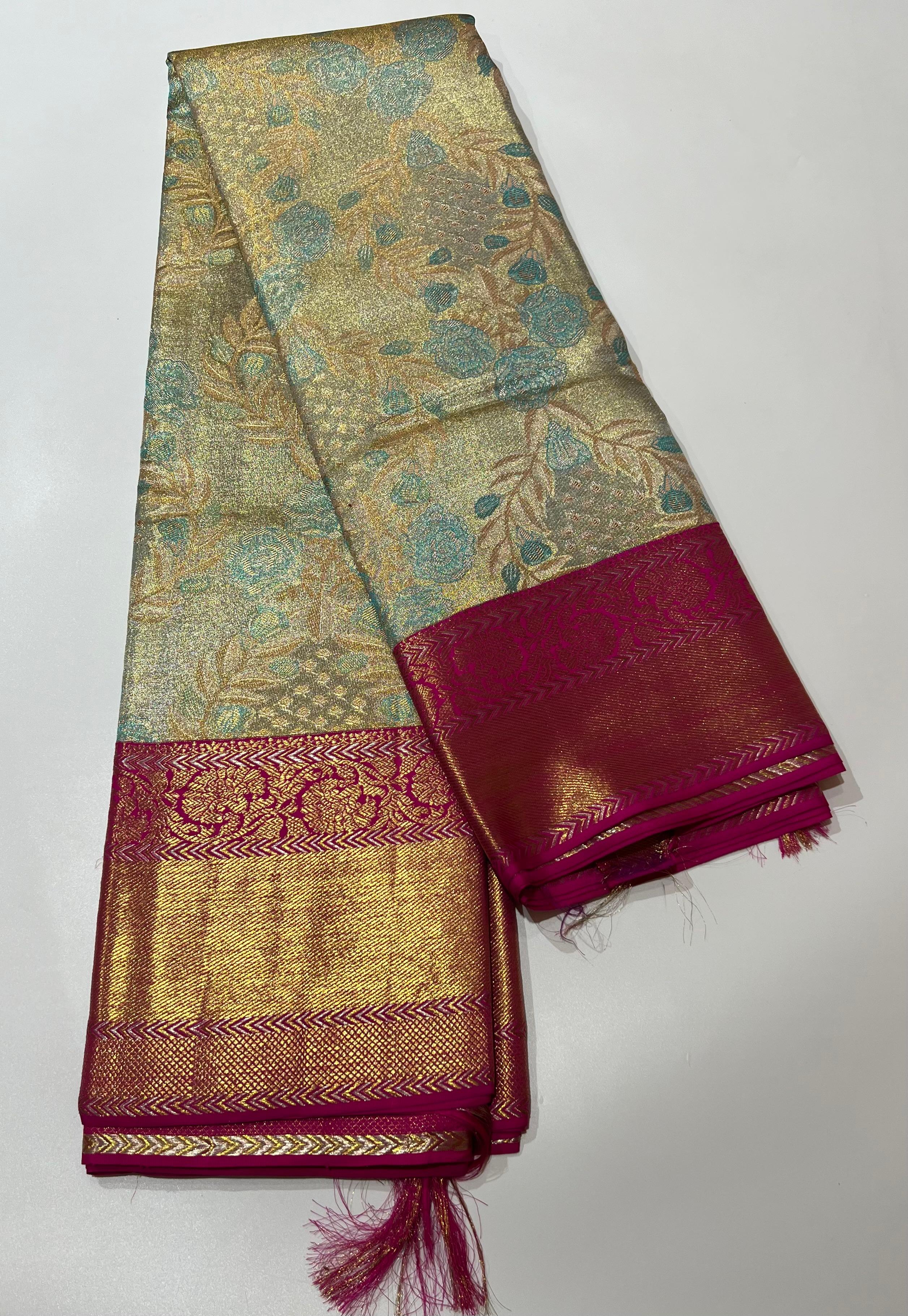 Rose motif Beige and pink kanjeevaram silk saree
