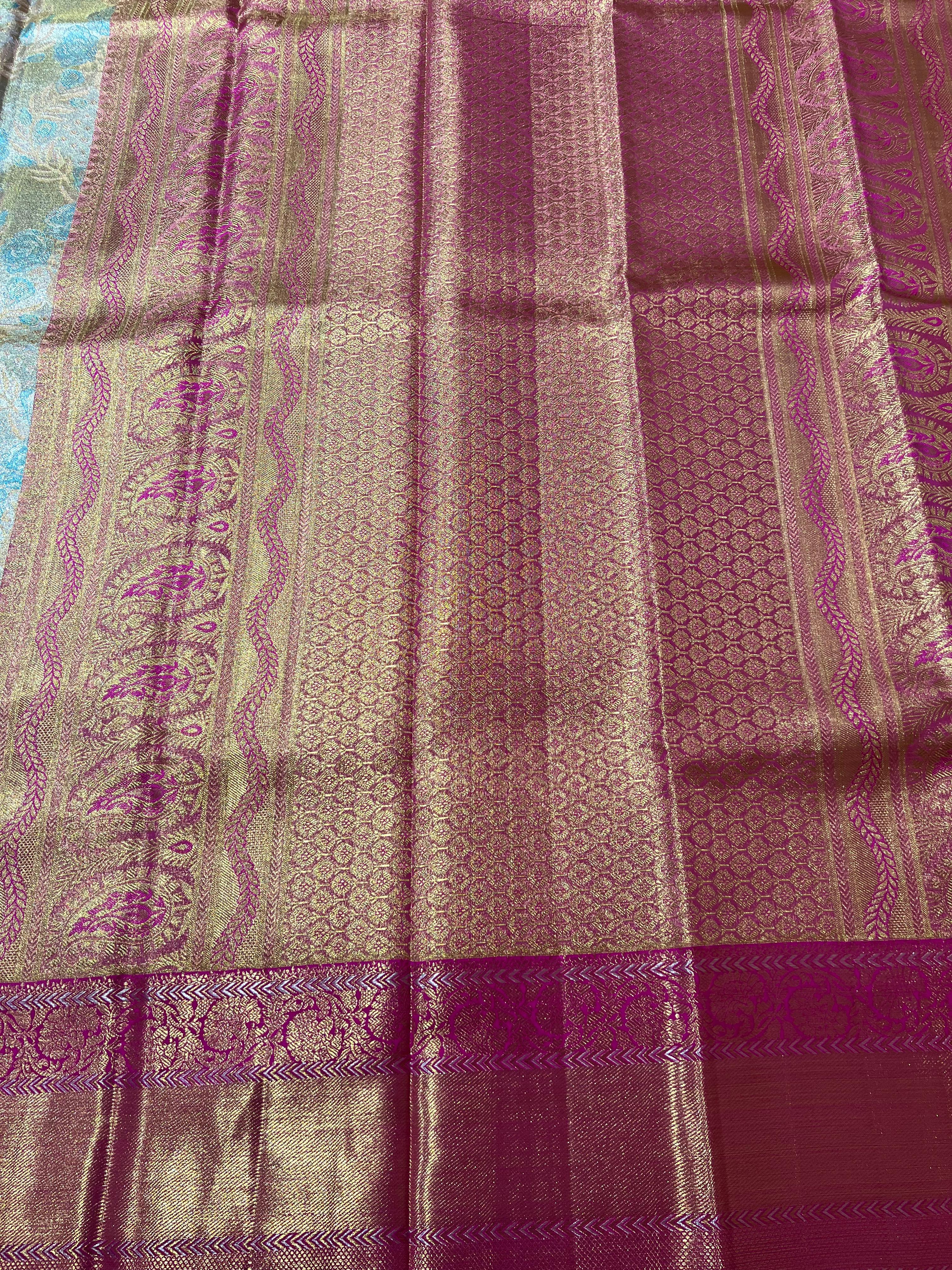 Rose motif Beige and pink kanjeevaram silk saree