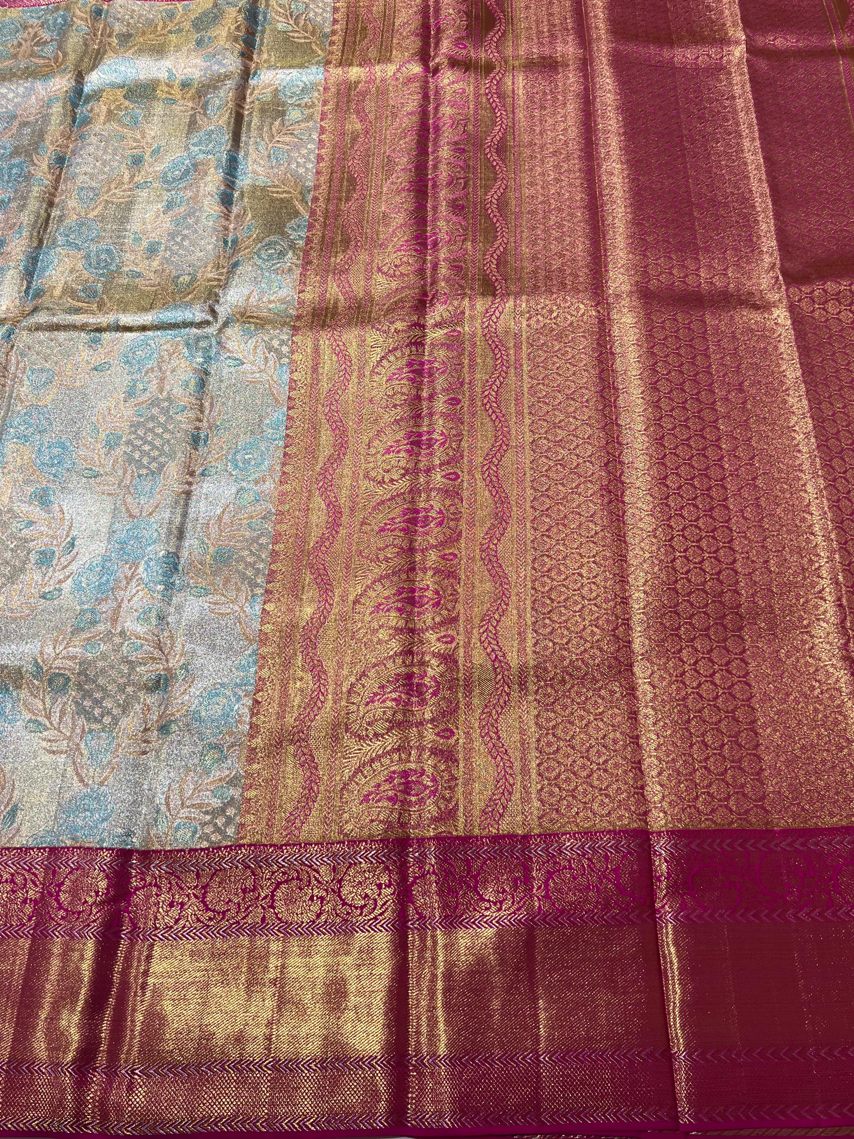 Rose motif Beige and pink kanjeevaram silk saree