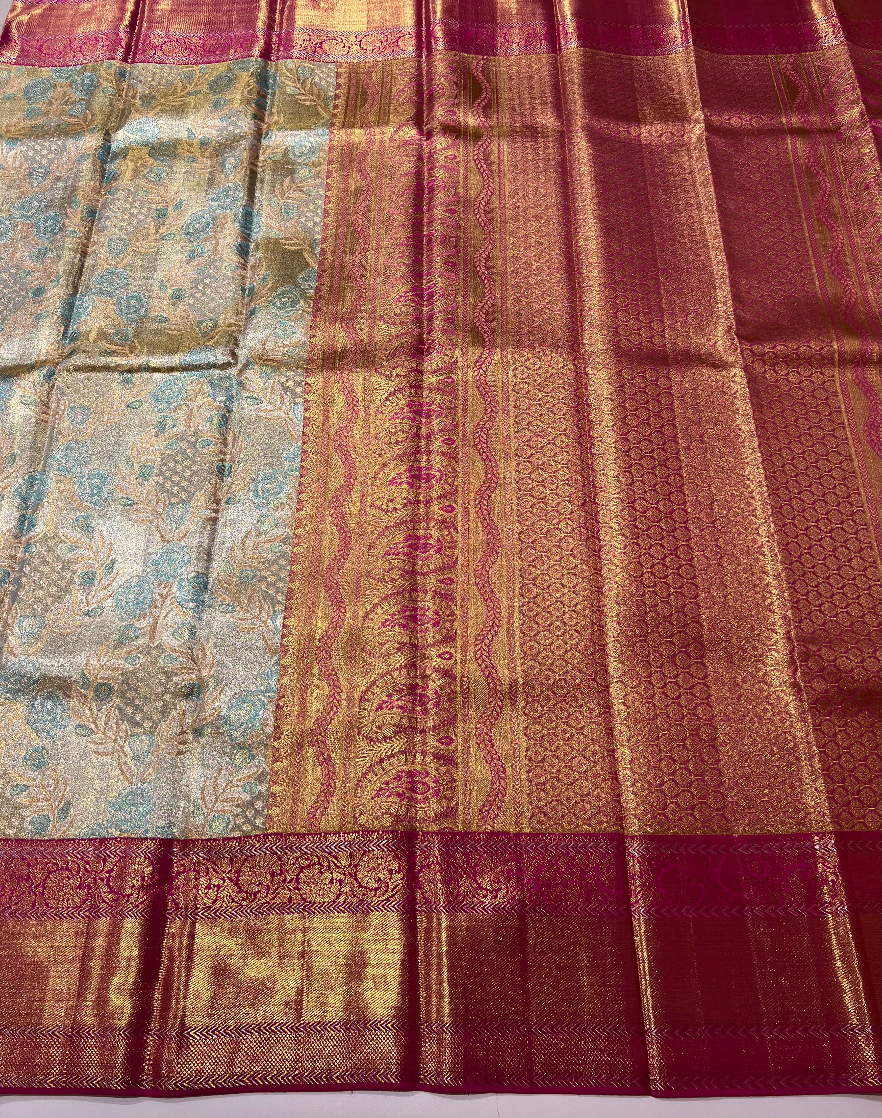 Rose motif Beige and pink kanjeevaram silk saree