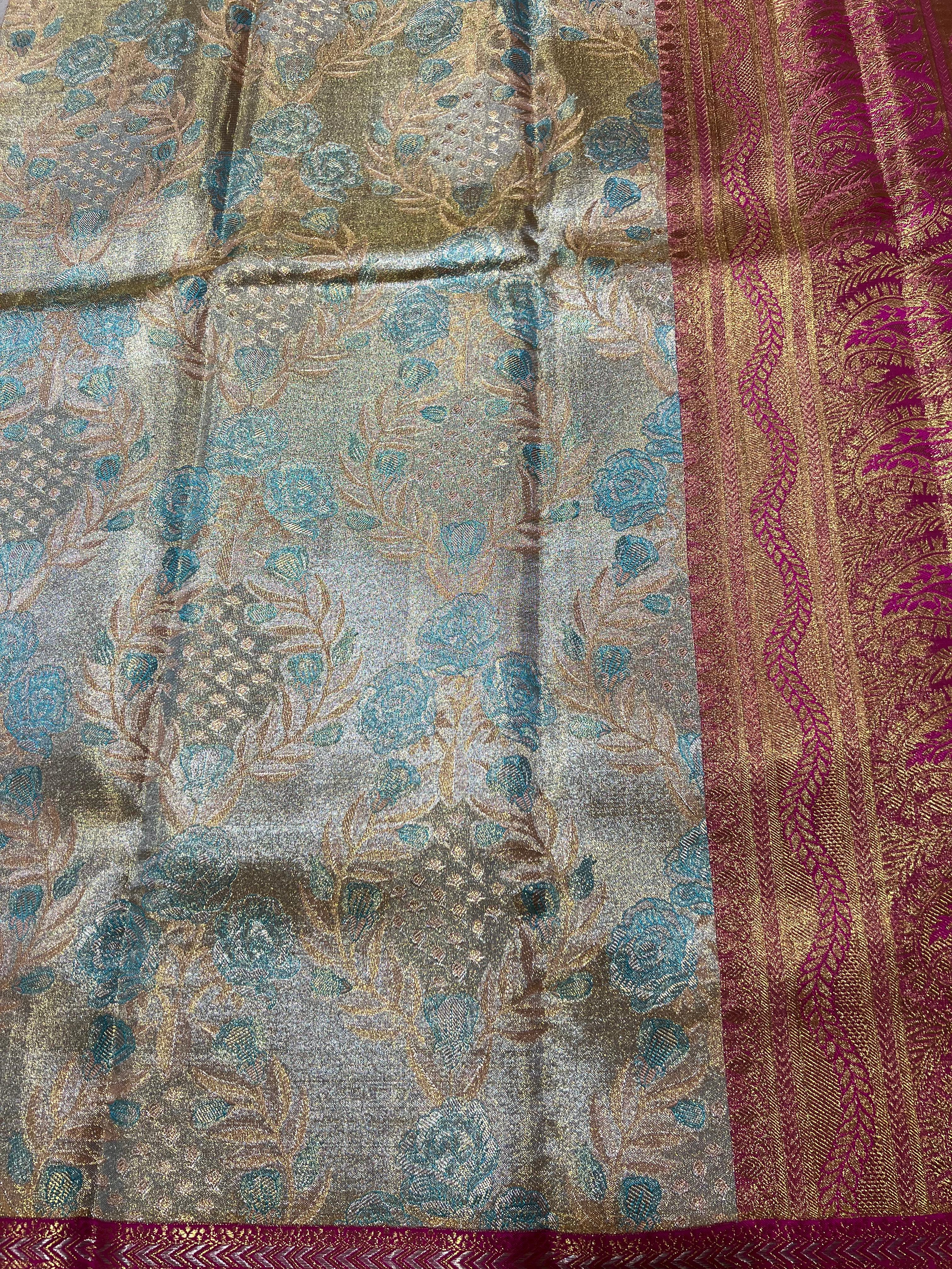 Rose motif Beige and pink kanjeevaram silk saree