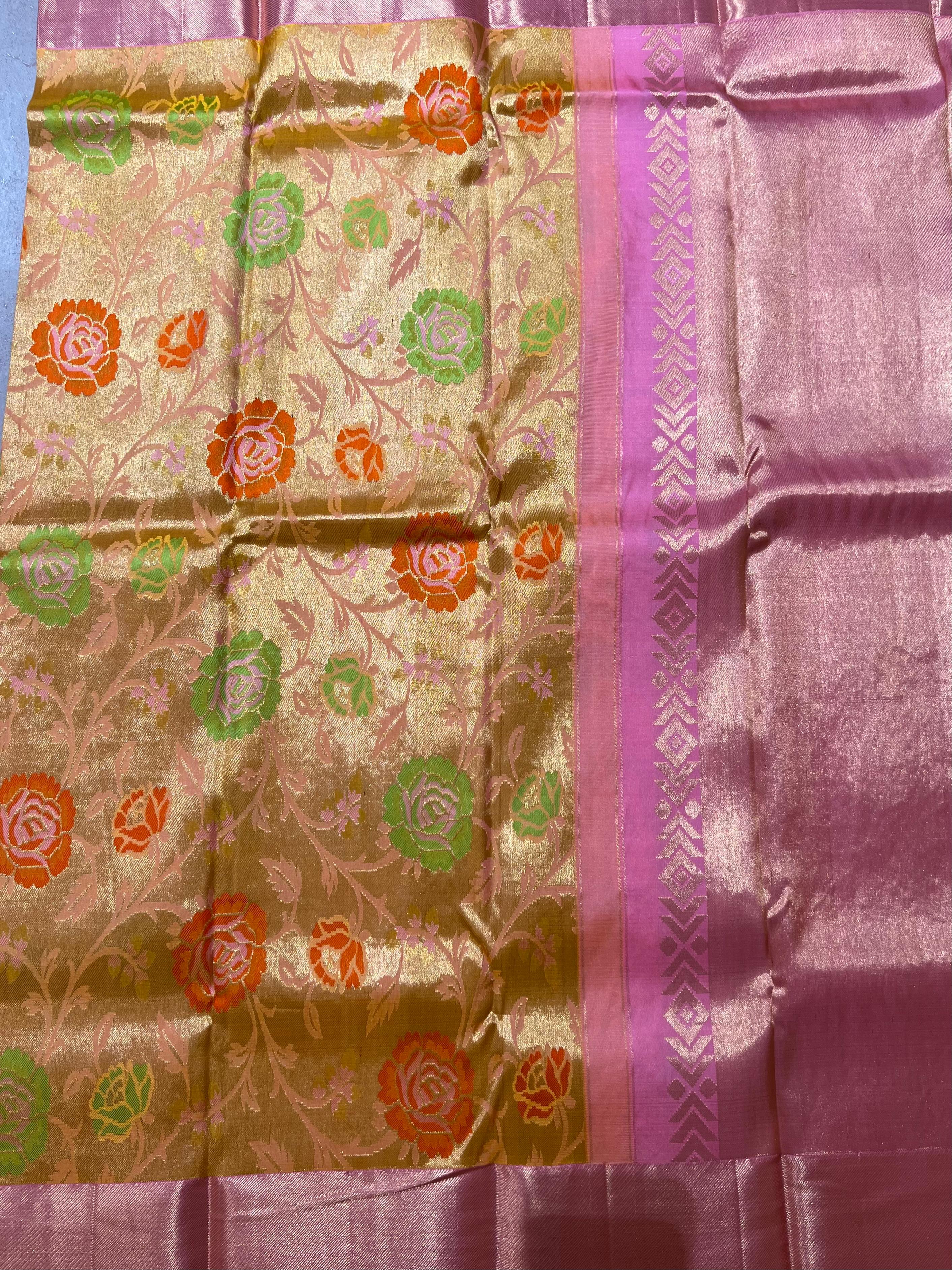 Rose motif Yellow and light Pink Kanjeevaram Silk saree