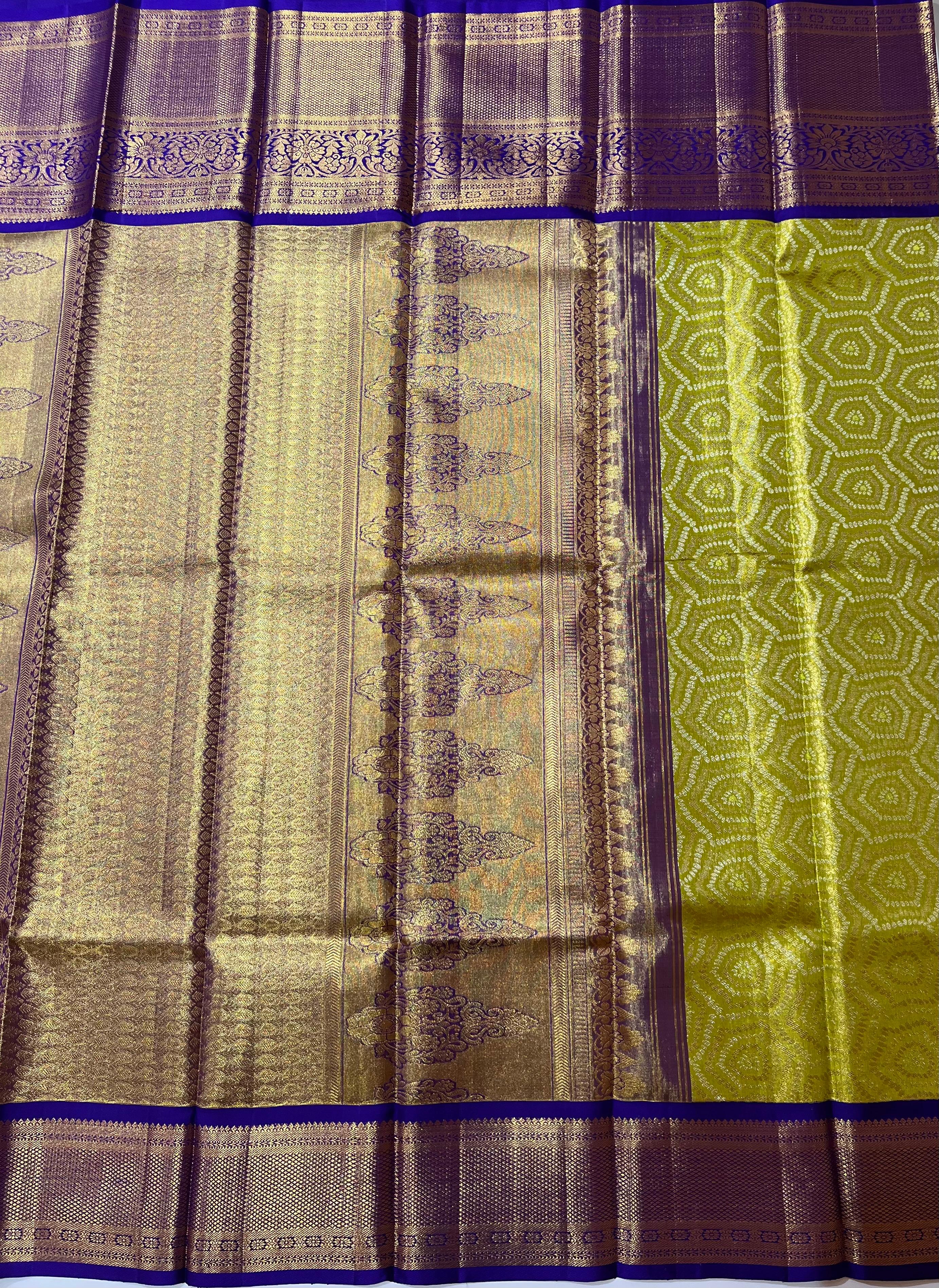 Hexagon pattern greenish yellow and Nevy Blue kanjeevaram silk saree