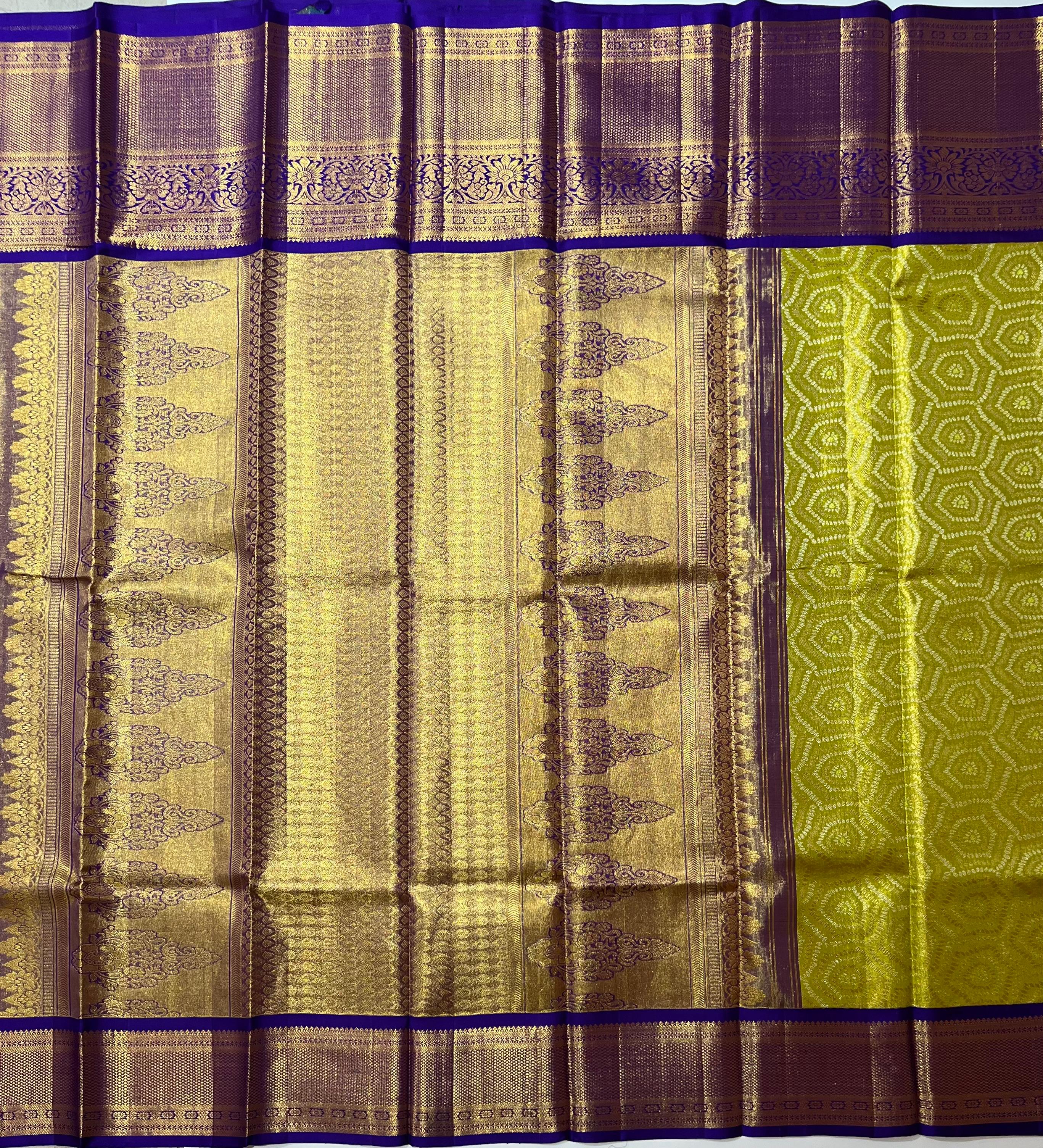 Hexagon pattern greenish yellow and Nevy Blue kanjeevaram silk saree