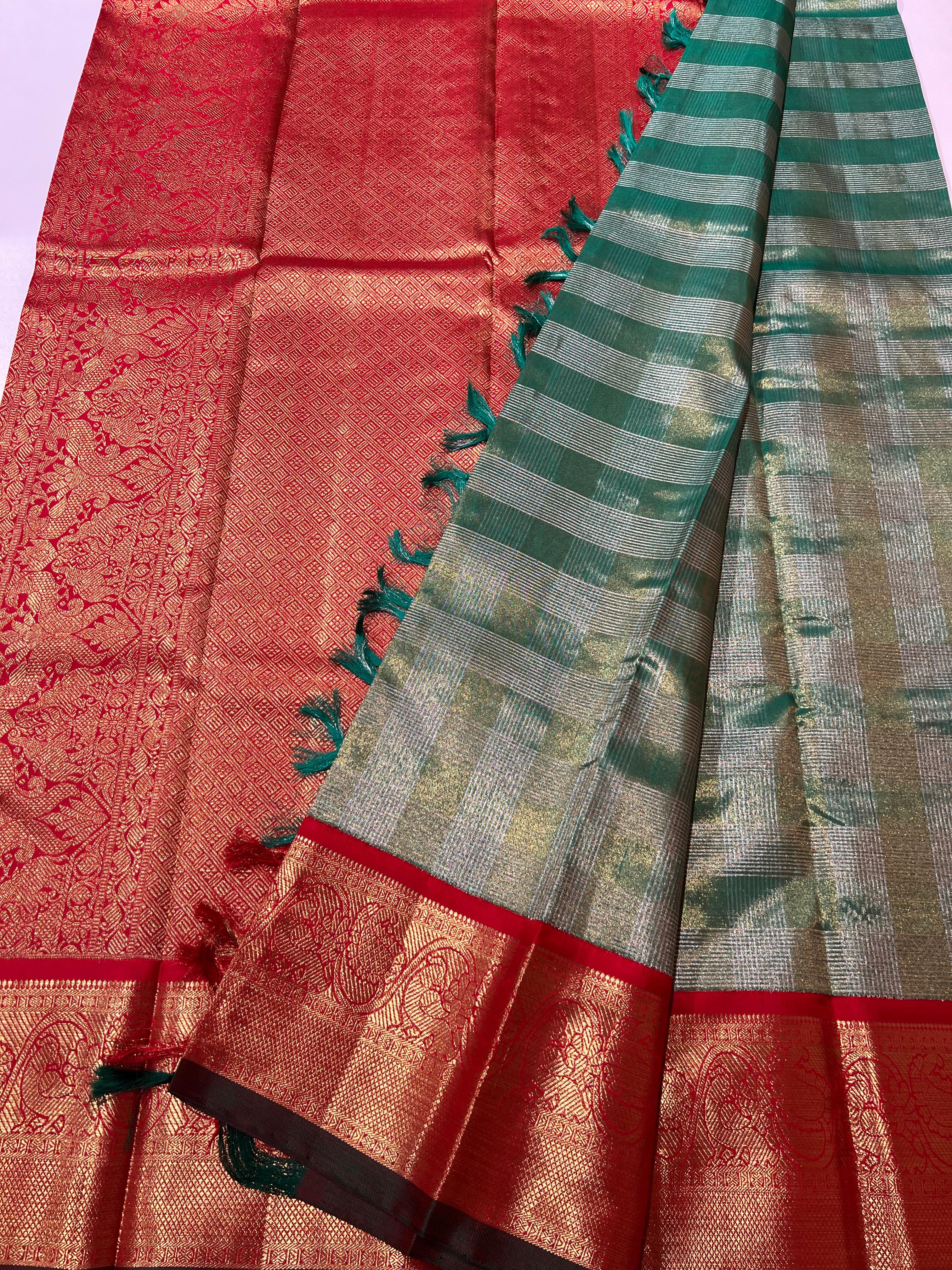 Check Pattern Green and red Kanjeevaram silk saree